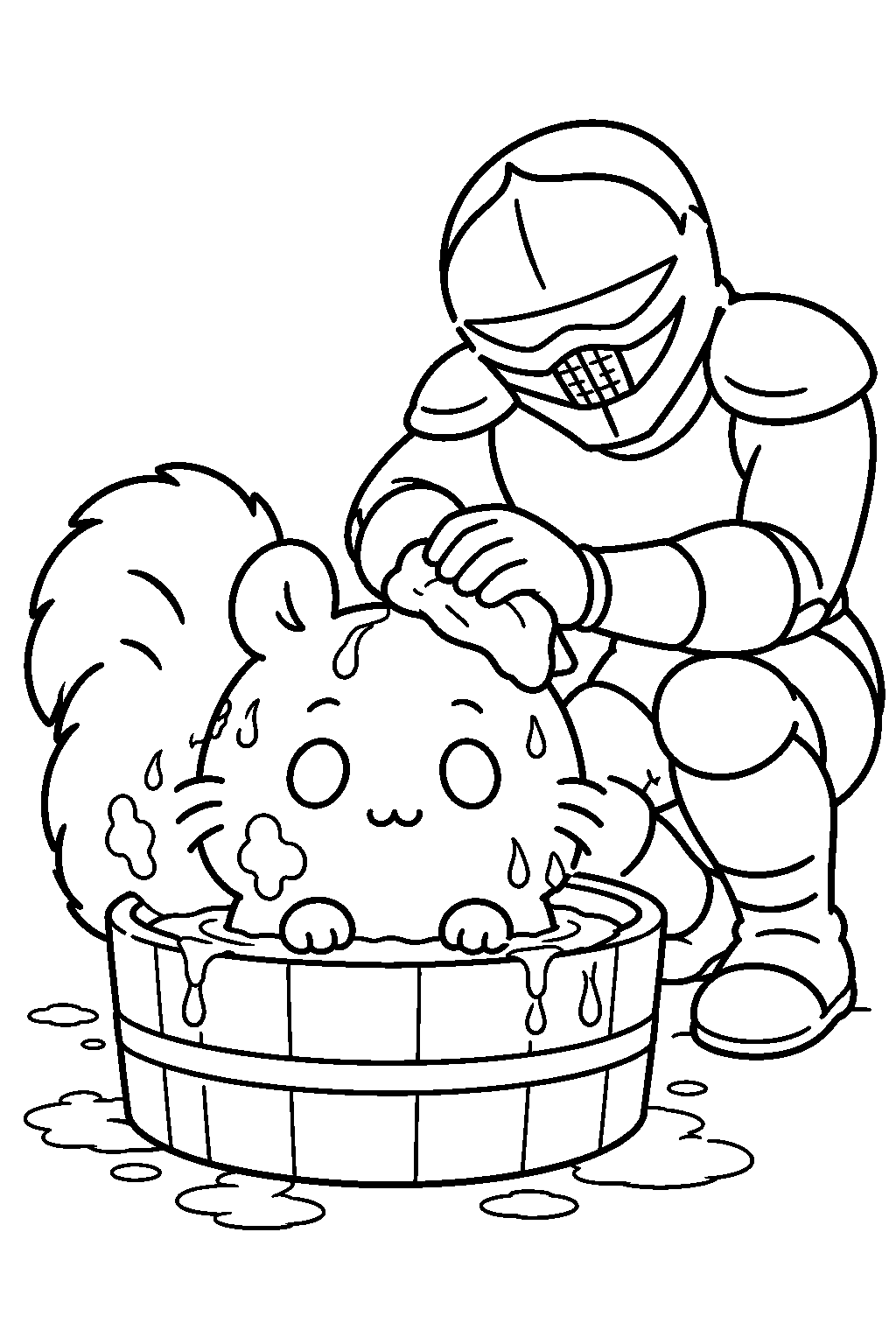 chiikawa momonga being washed by yoroi san after falling into mud line art