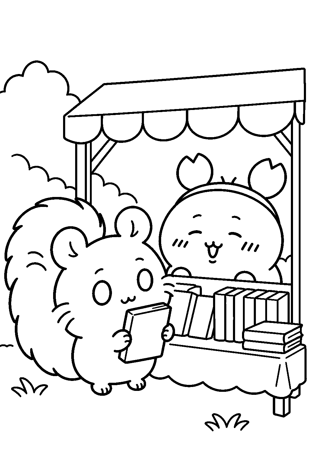 chiikawa momonga choosing a book at kani s bookstall line art