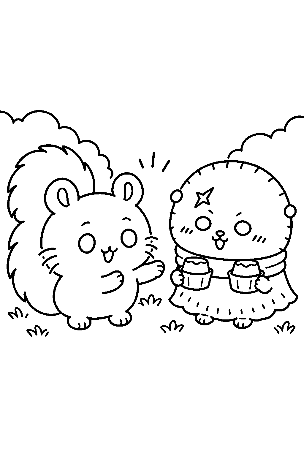 chiikawa momonga choosing a pudding cup offered by rakko line art