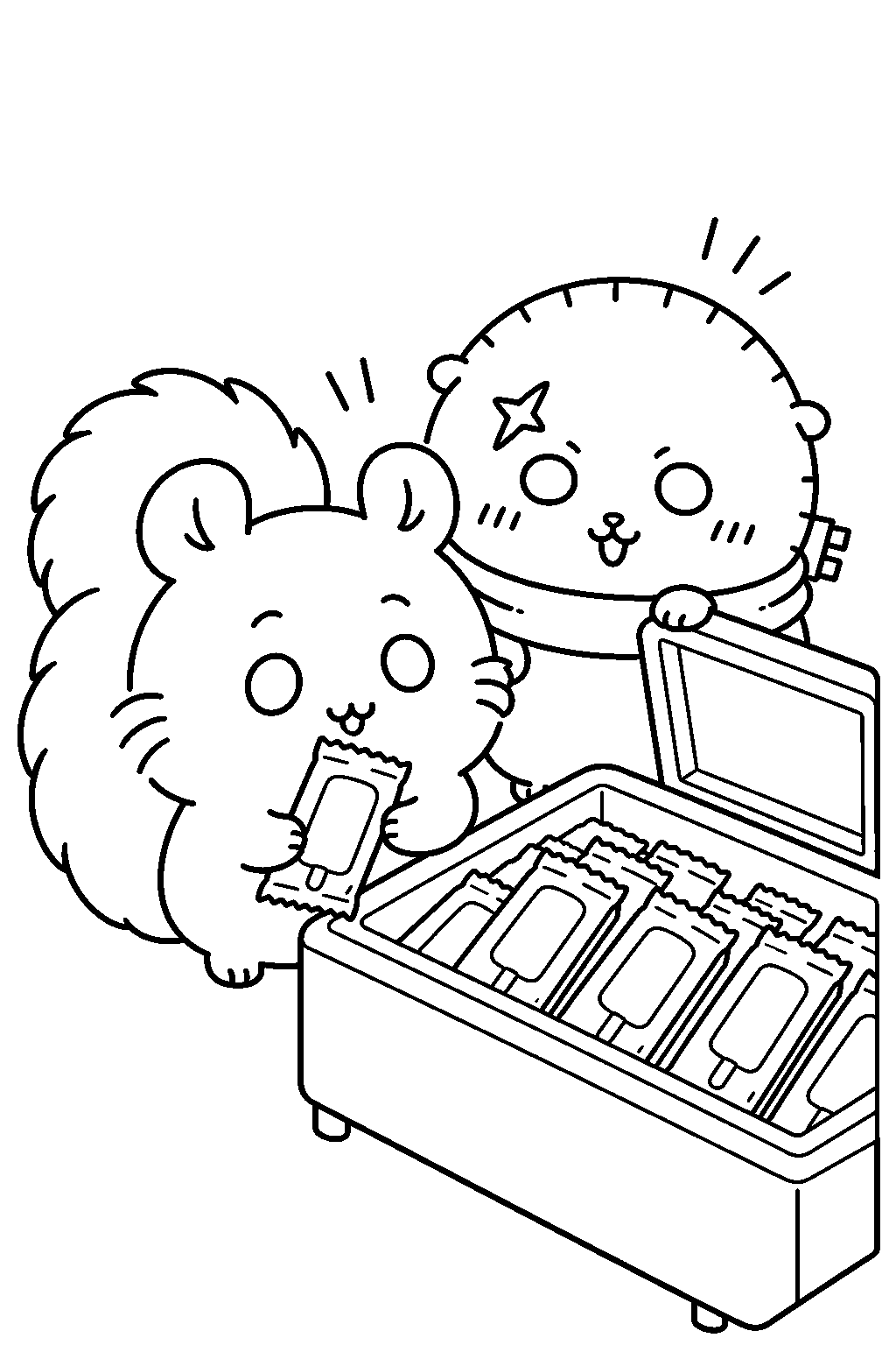 chiikawa momonga choosing an ice cream bar with rakko at a zer line art