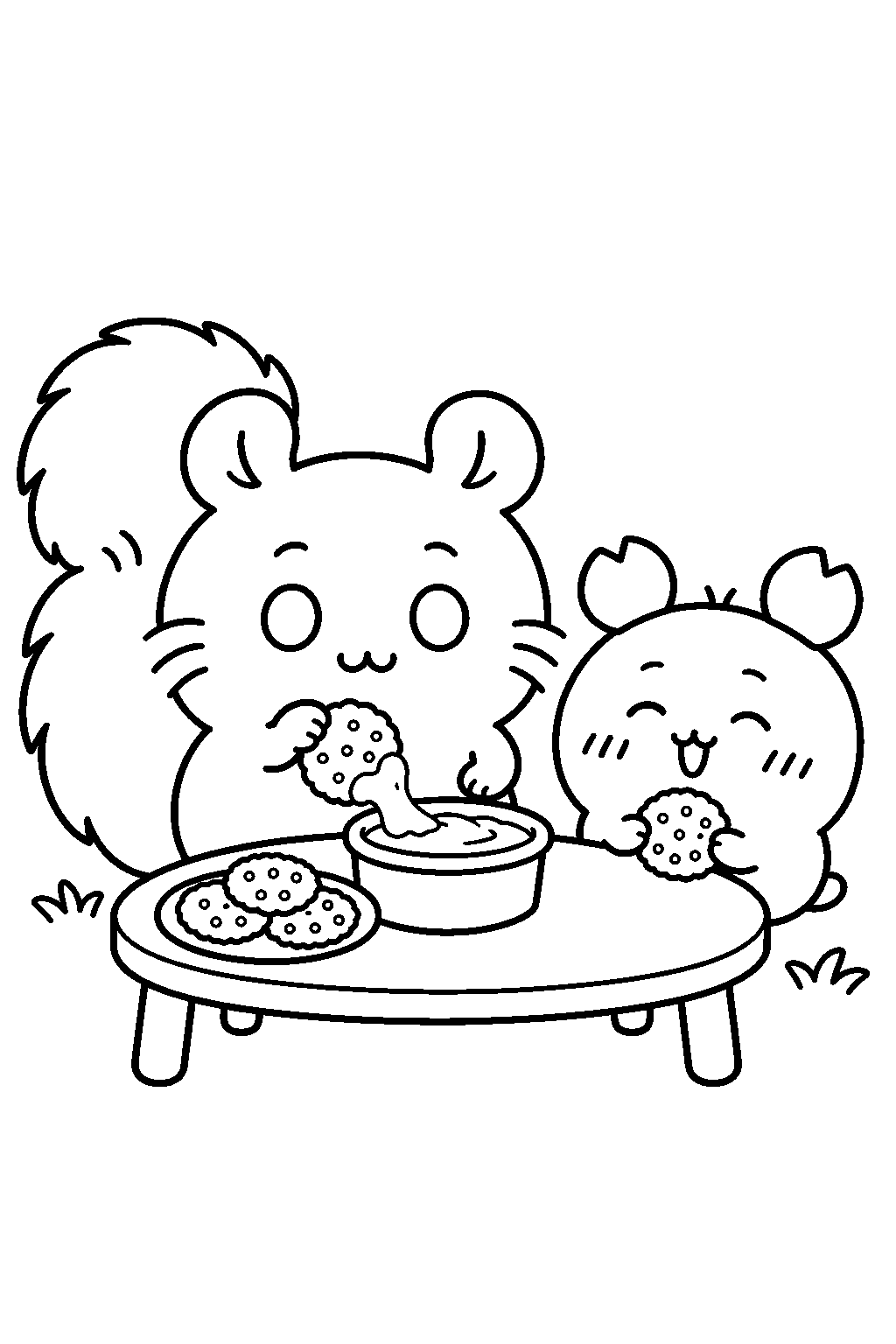 chiikawa momonga dipping a cracker into cream cheese with kani line art