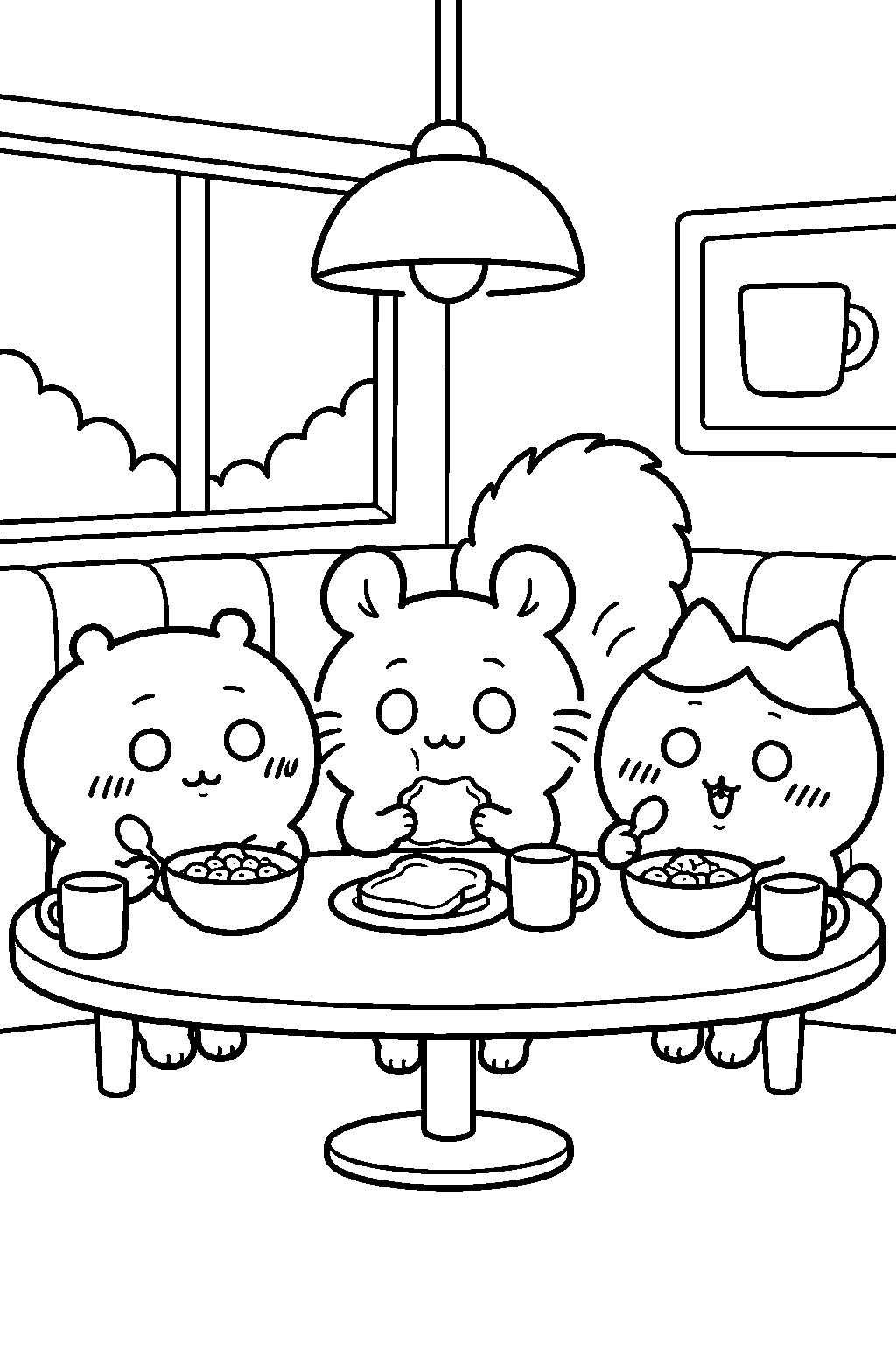 chiikawa momonga eating breakfast with chiikawa and hachiware at a diner line art