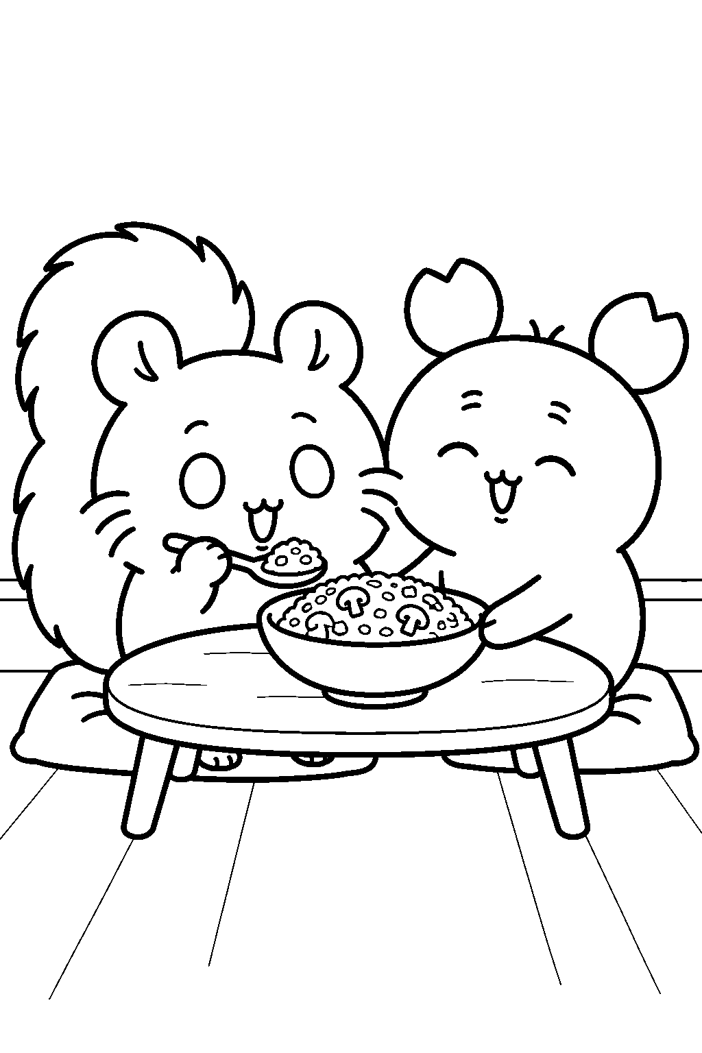 chiikawa momonga eating kani s homemade mushroom fried rice line art