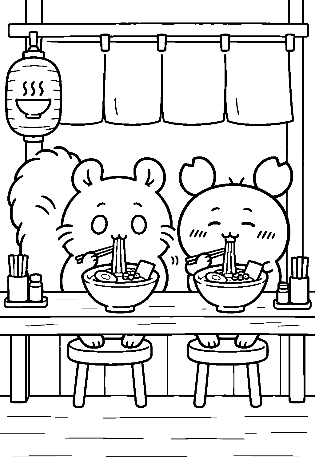 chiikawa momonga eating ramen with kani at a ramen shop line art