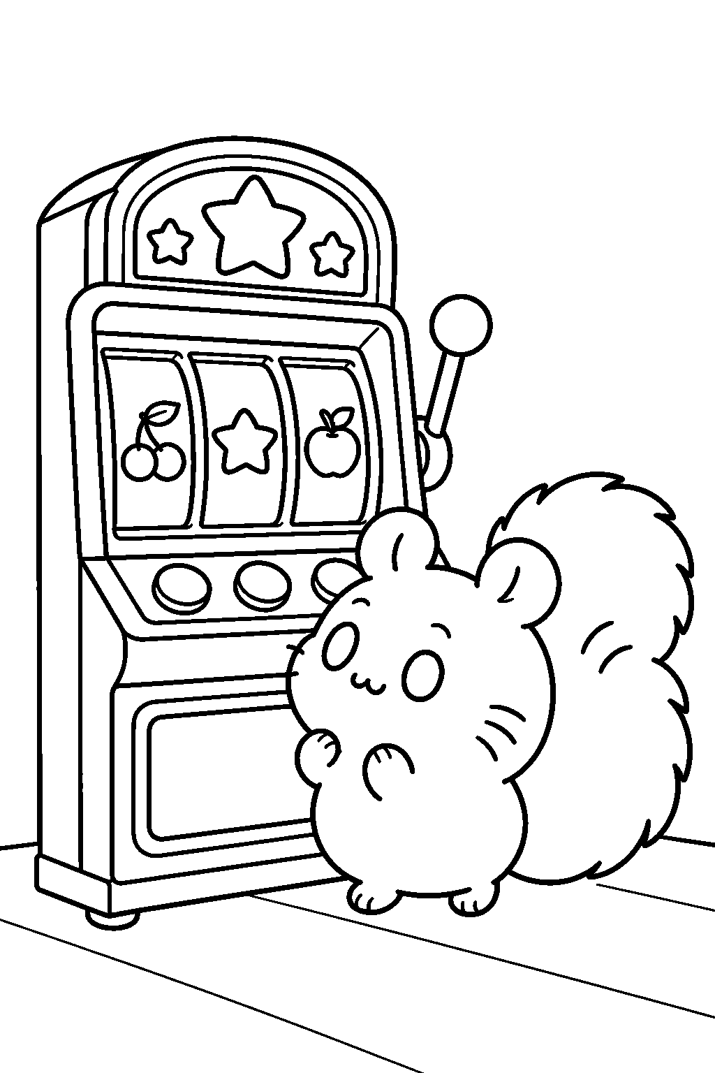 chiikawa momonga examining a mysterious slot machine in an arcade line art