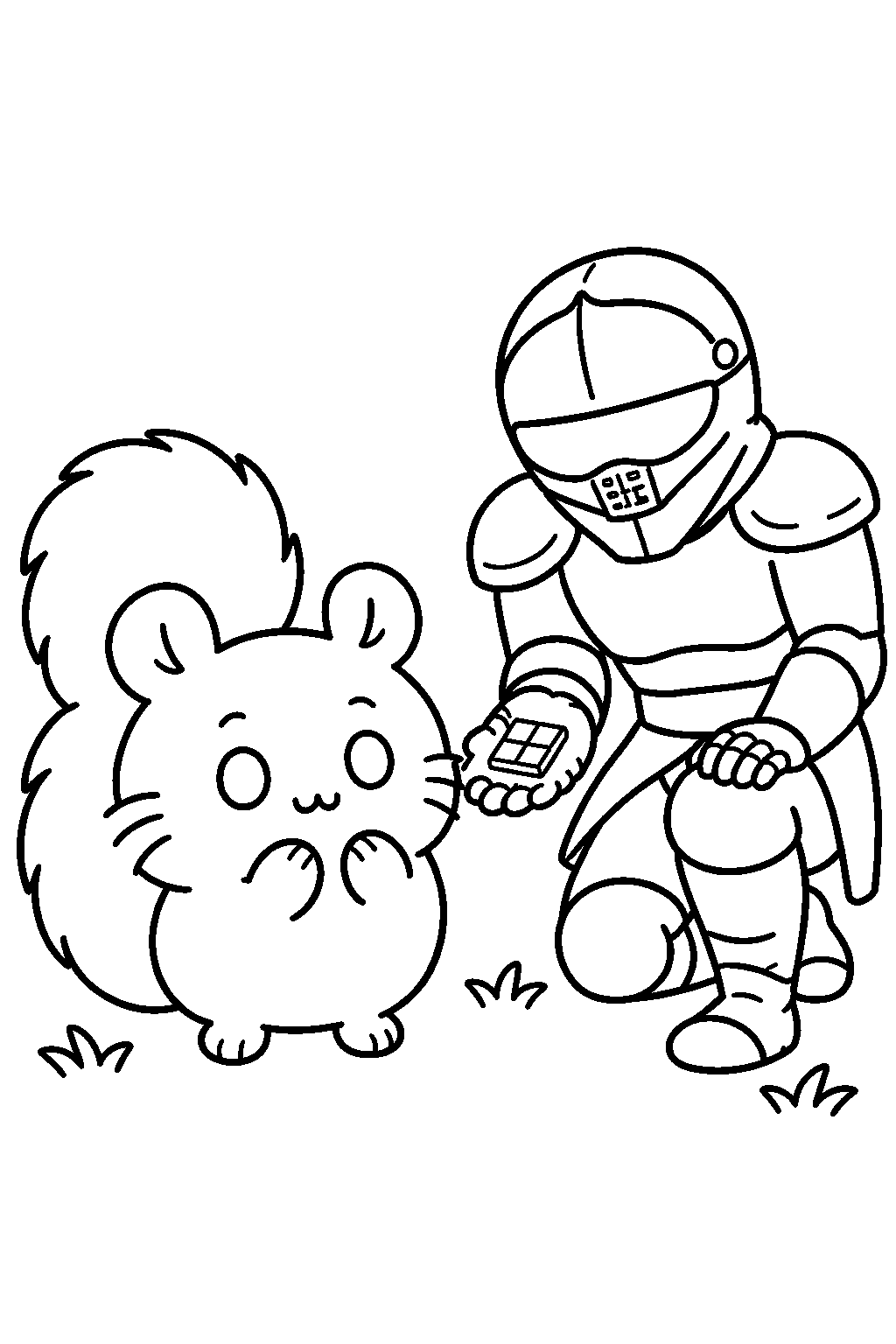 chiikawa momonga eyeing a chocolate offered by yoroi san line art