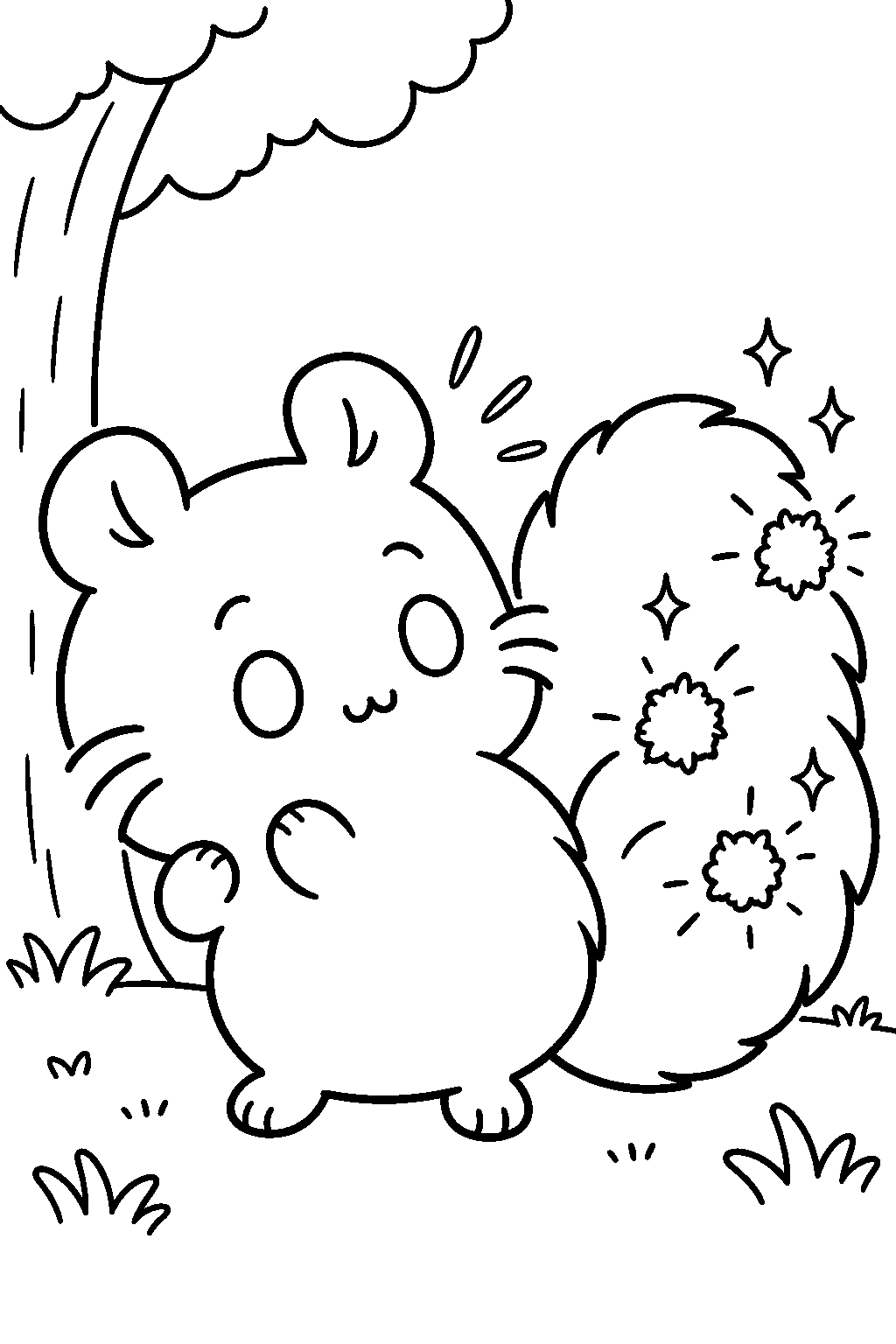 chiikawa momonga finding glowing spores caught in a fluffy tail line art