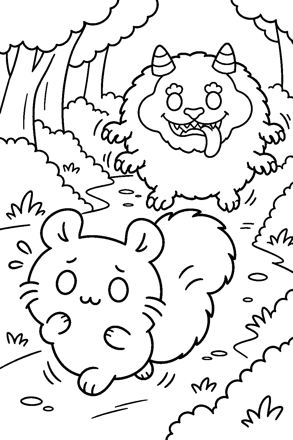 chiikawa momonga fleeing from dekatsuyo along a forest path line art