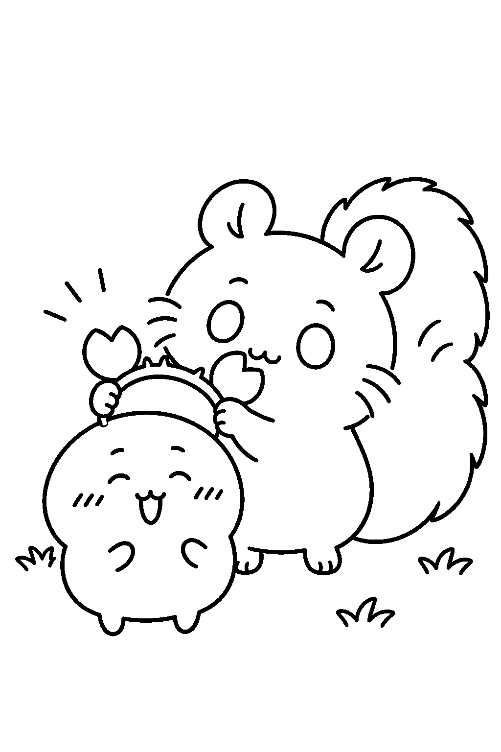 chiikawa momonga giving kani a crab headband line art