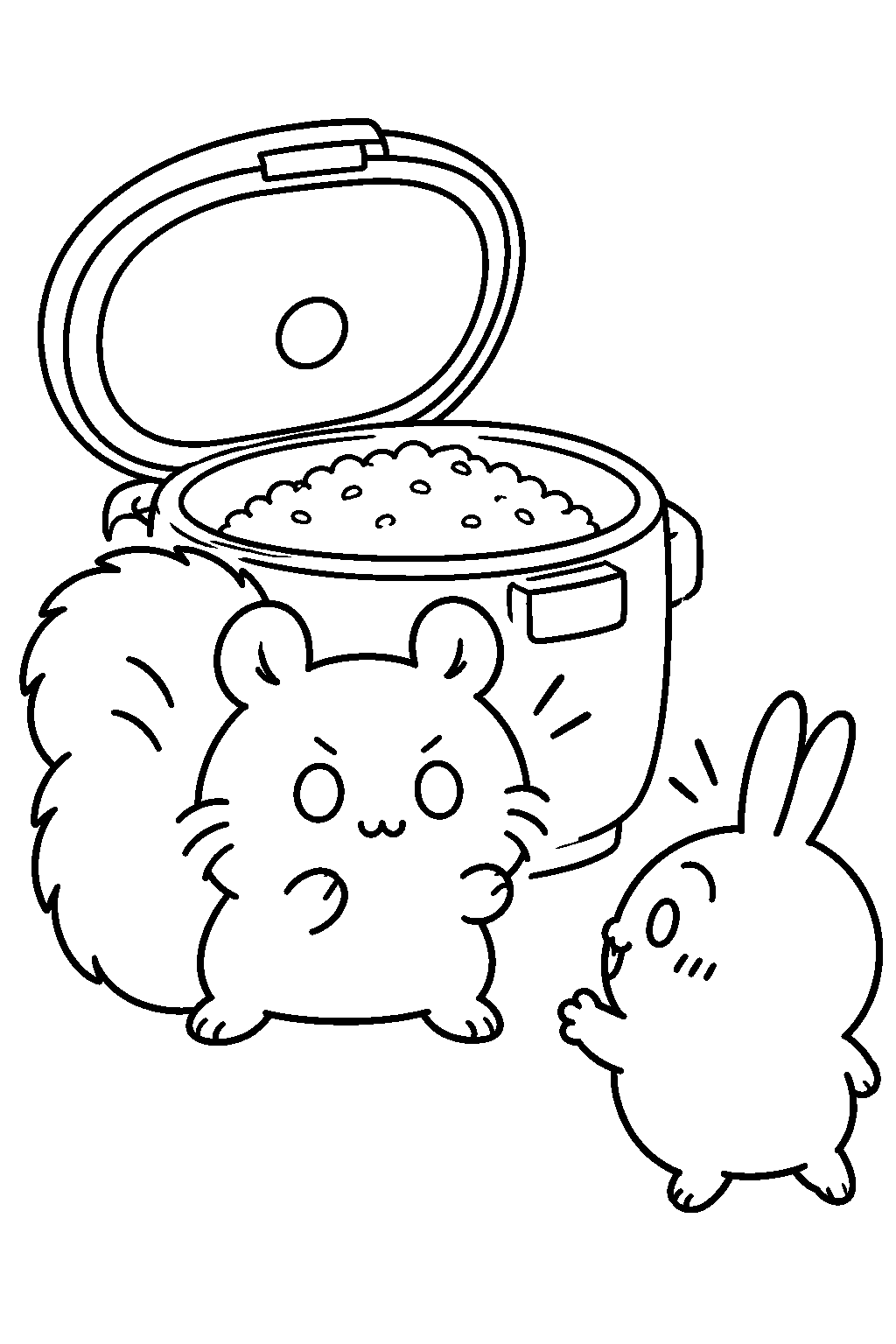 chiikawa momonga guarding a giant rice cooker from usagi line art