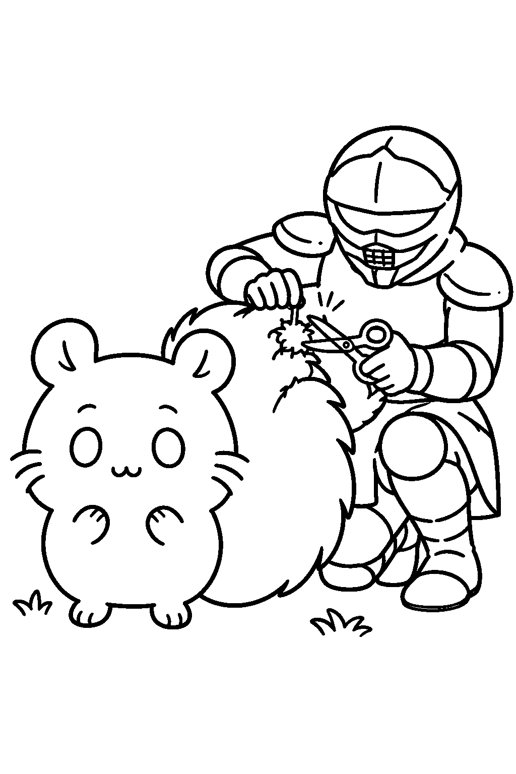 chiikawa momonga having a matted tuft of fur trimmed by yoroi san line art