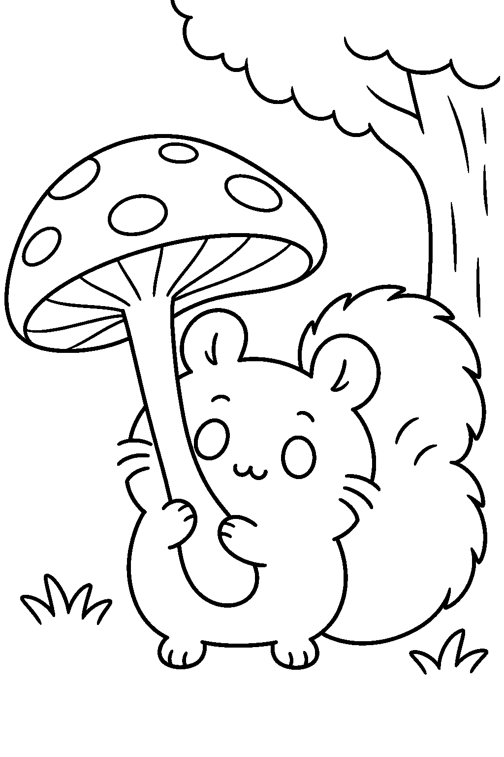 chiikawa momonga holding a goblin s giant mushroom in the forest line art