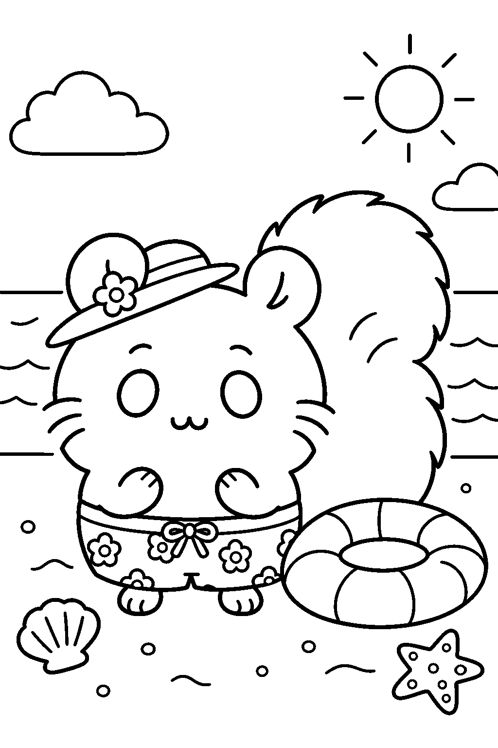 chiikawa momonga in a beach outfit beside the sea line art