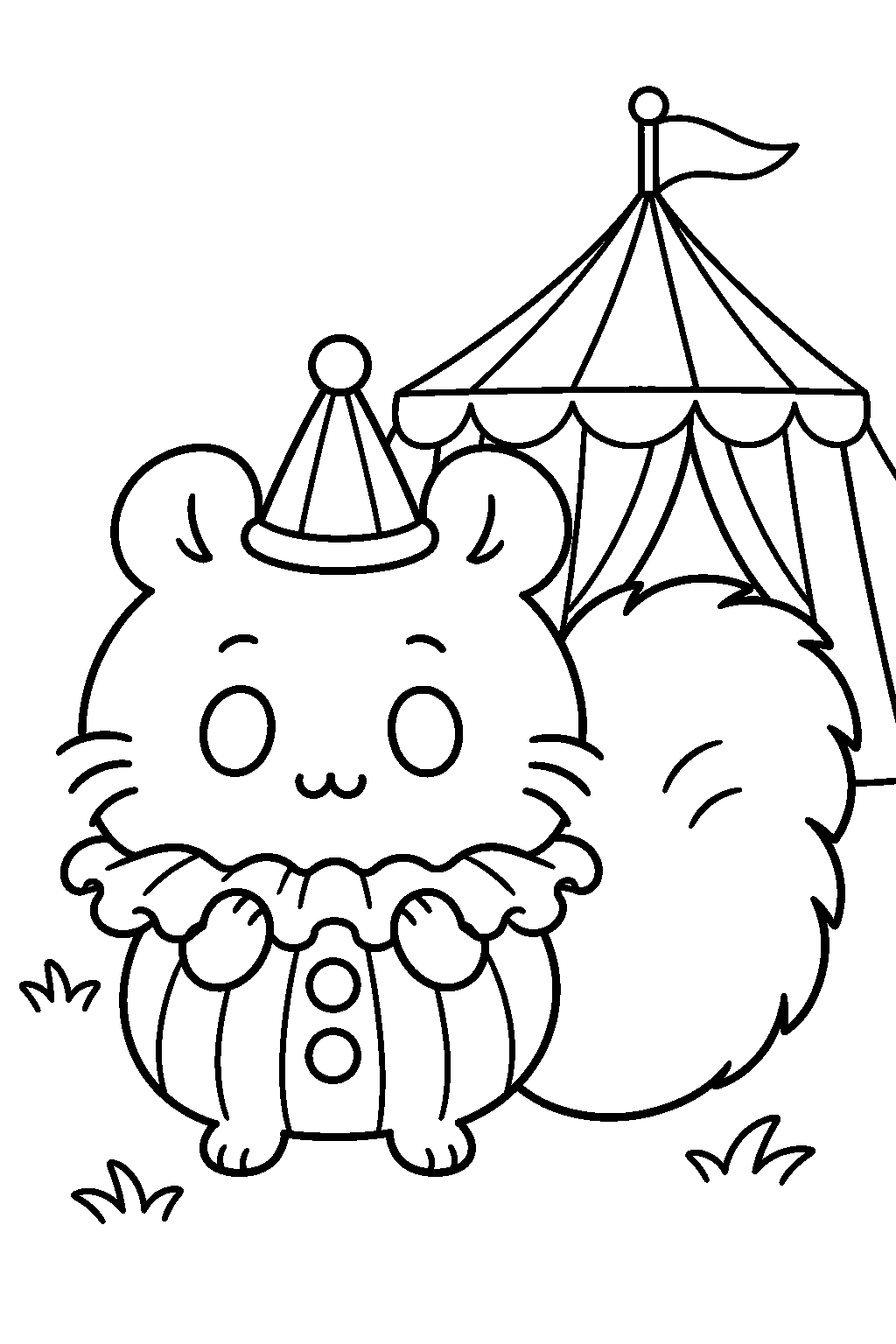 chiikawa momonga in a circus costume beside a circus tent line art