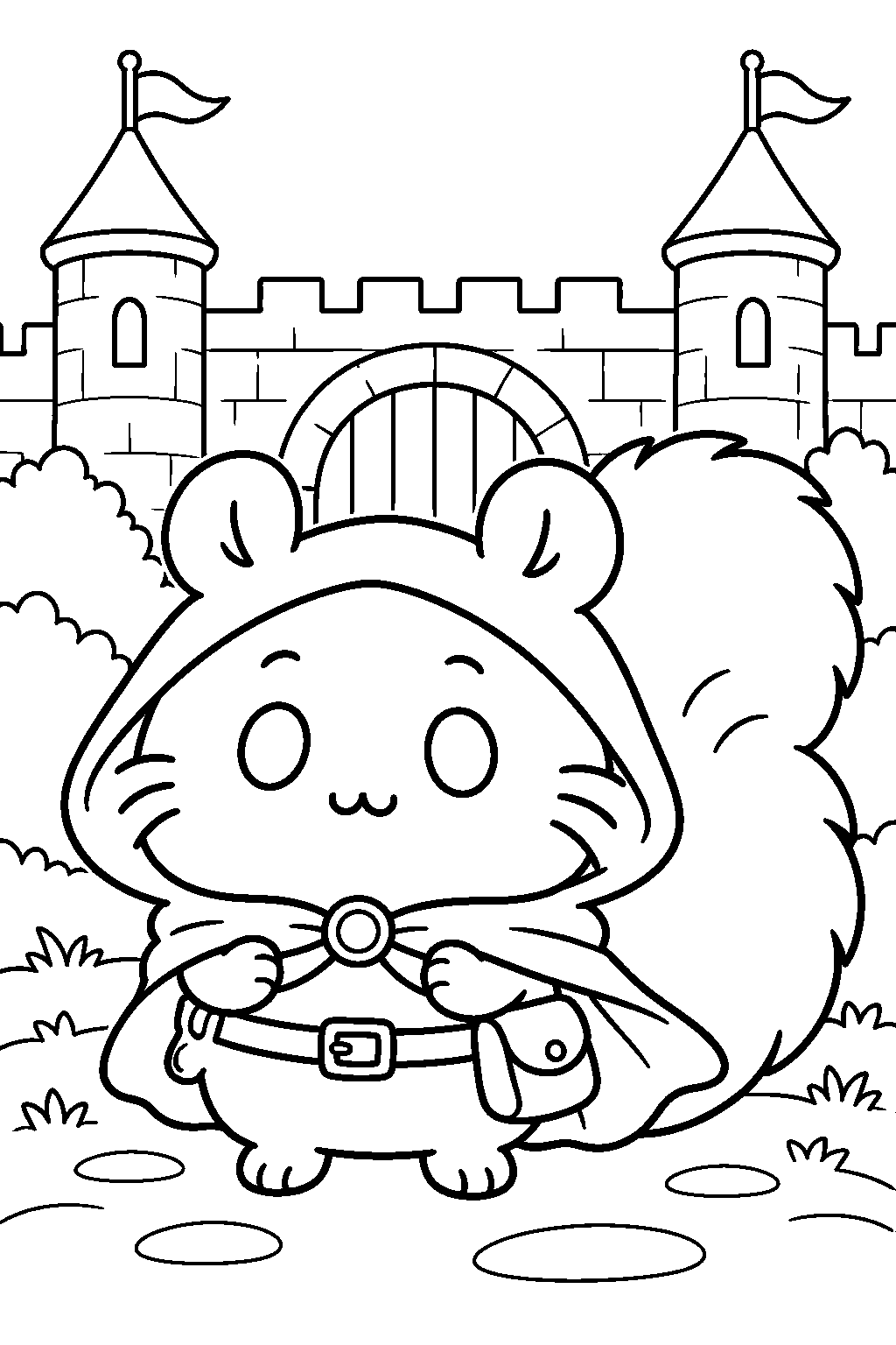 chiikawa momonga in a fantasy adventurer costume near a castle line art