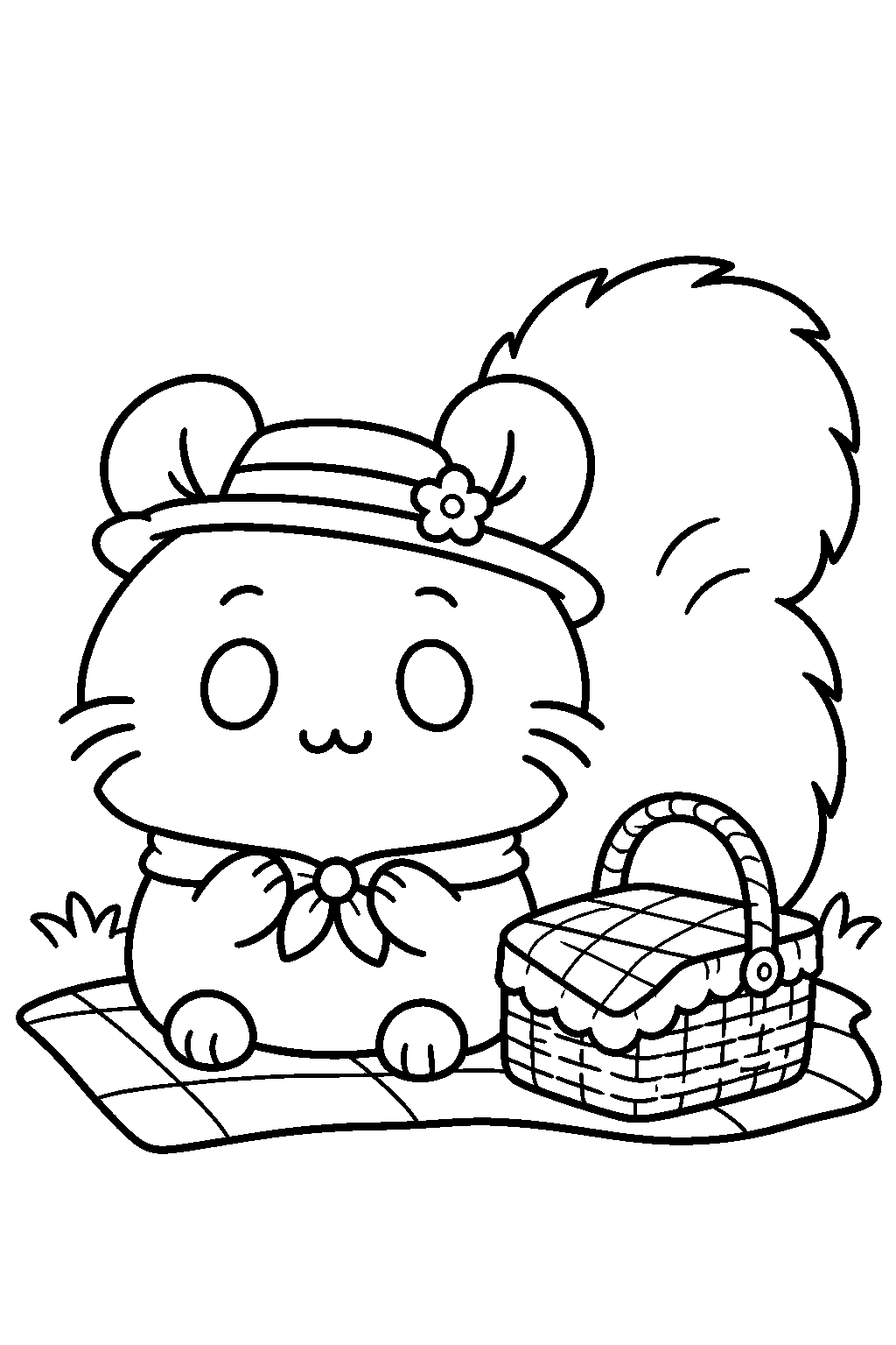 chiikawa momonga in a picnic outfit beside a picnic basket line art