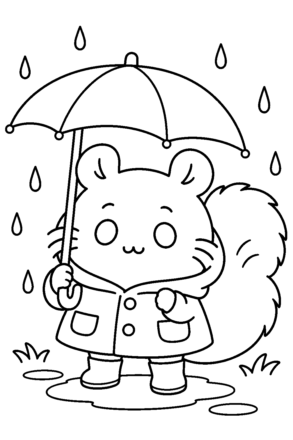 chiikawa momonga in a rainy day outfit beneath an umbrella line art
