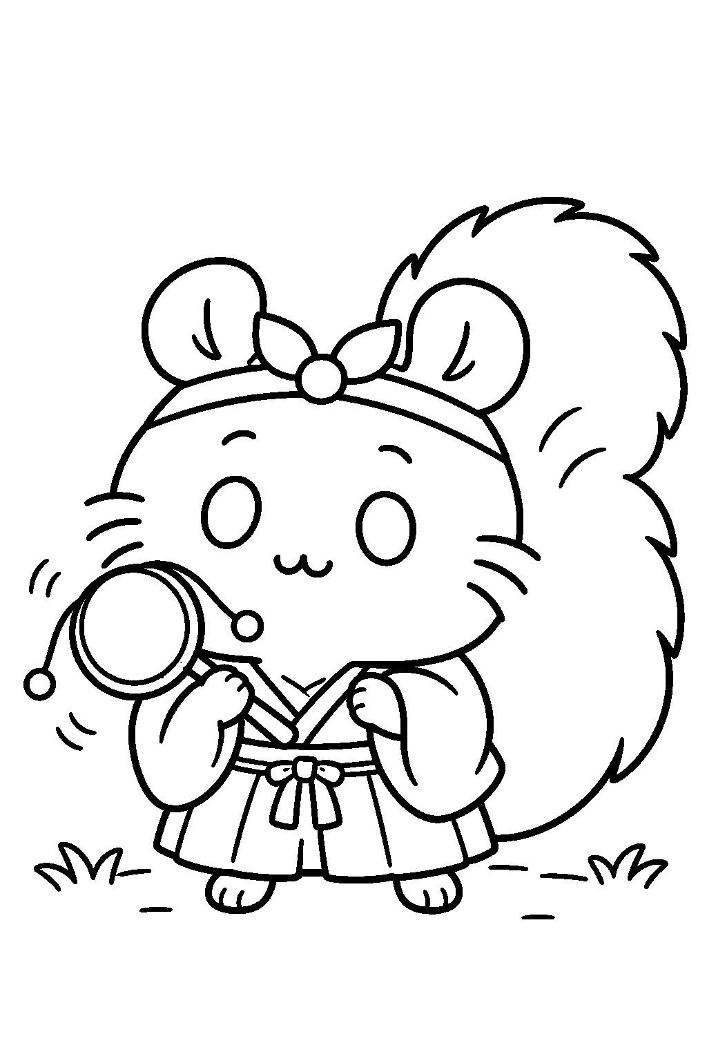 chiikawa momonga in an edo outfit holding a pellet drum line art