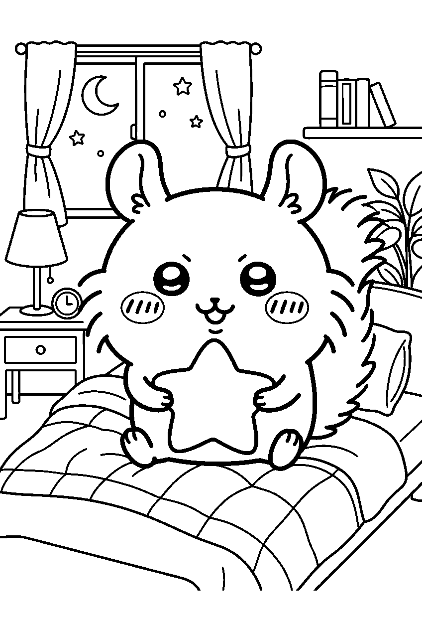 chiikawa momonga in cozy bedroom line art