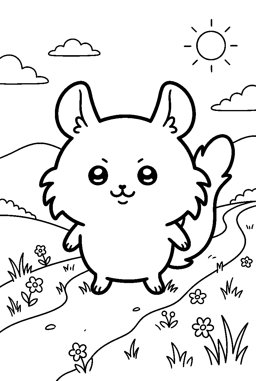 chiikawa momonga in hillside meadow line art