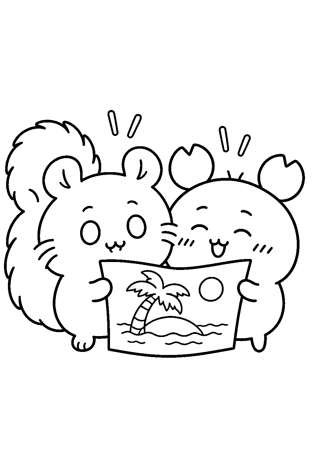 chiikawa momonga looking at an island travel flyer with kani line art