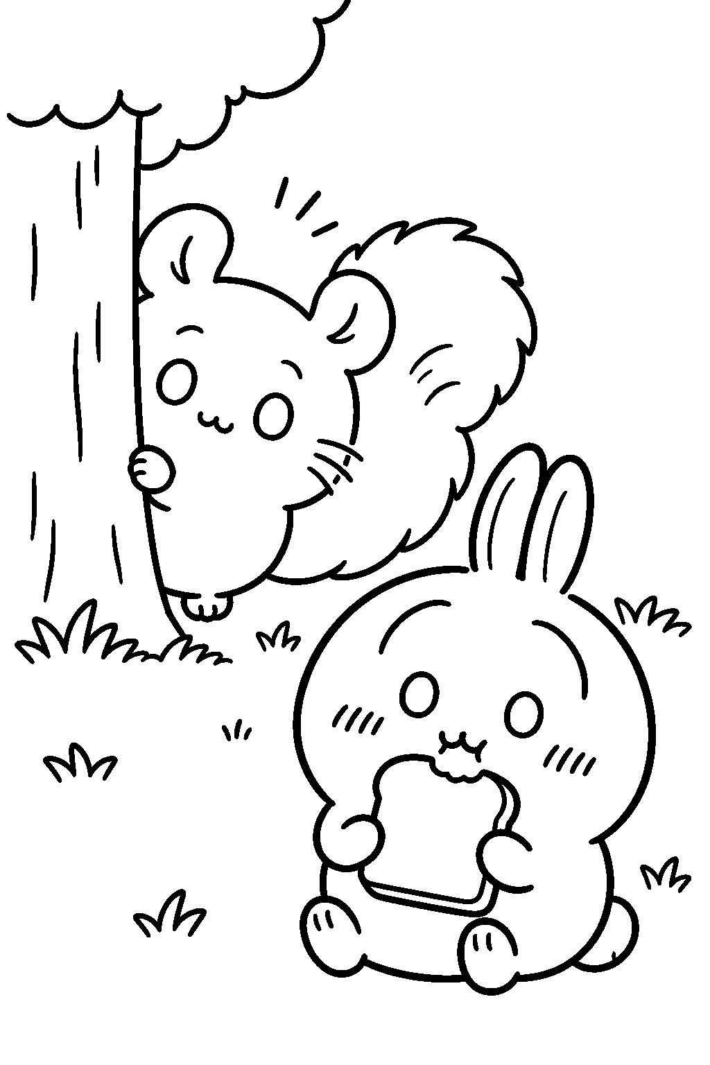 chiikawa momonga peeking at usagi eating bread line art