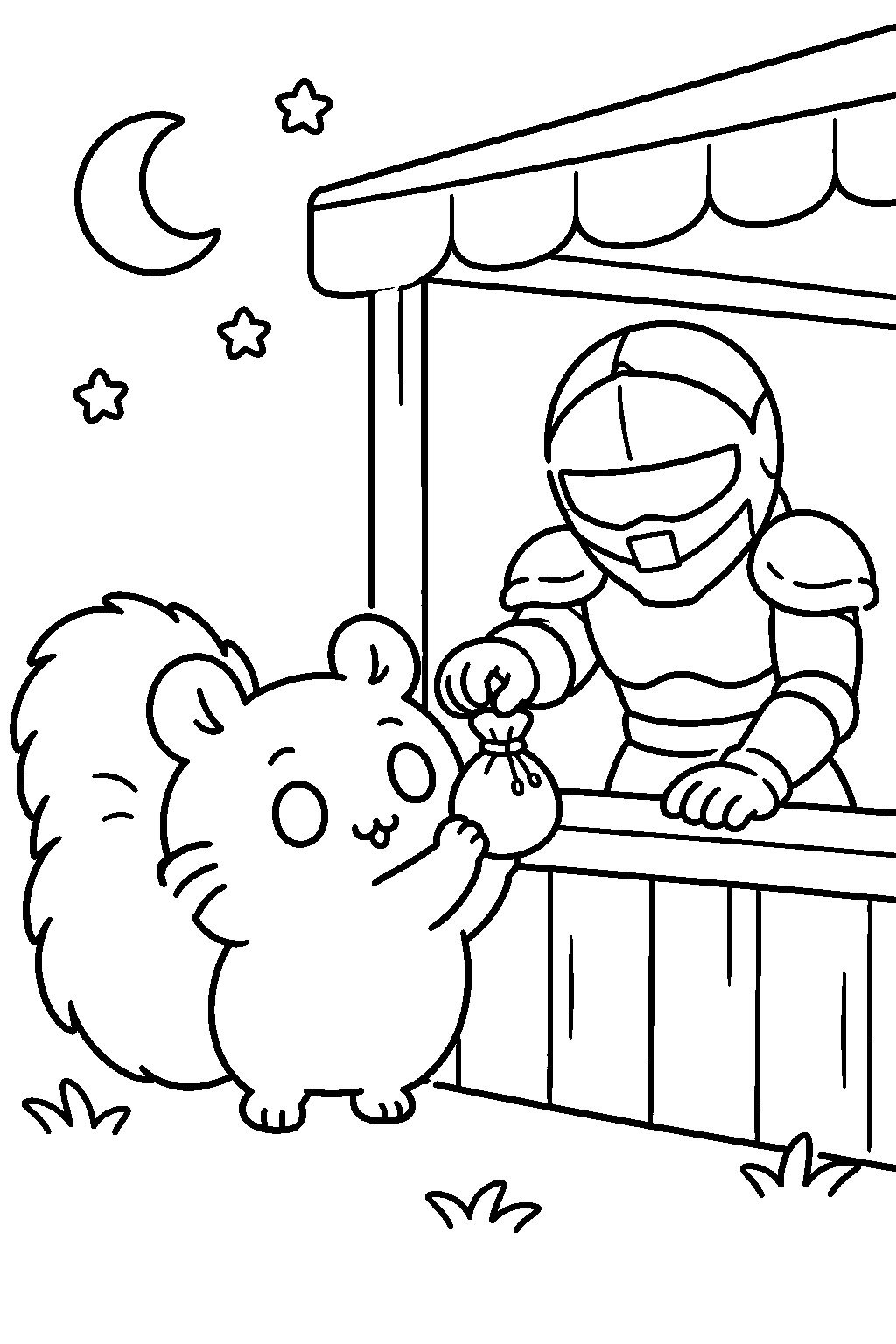 chiikawa momonga receiving a reward pouch after night foraging line art