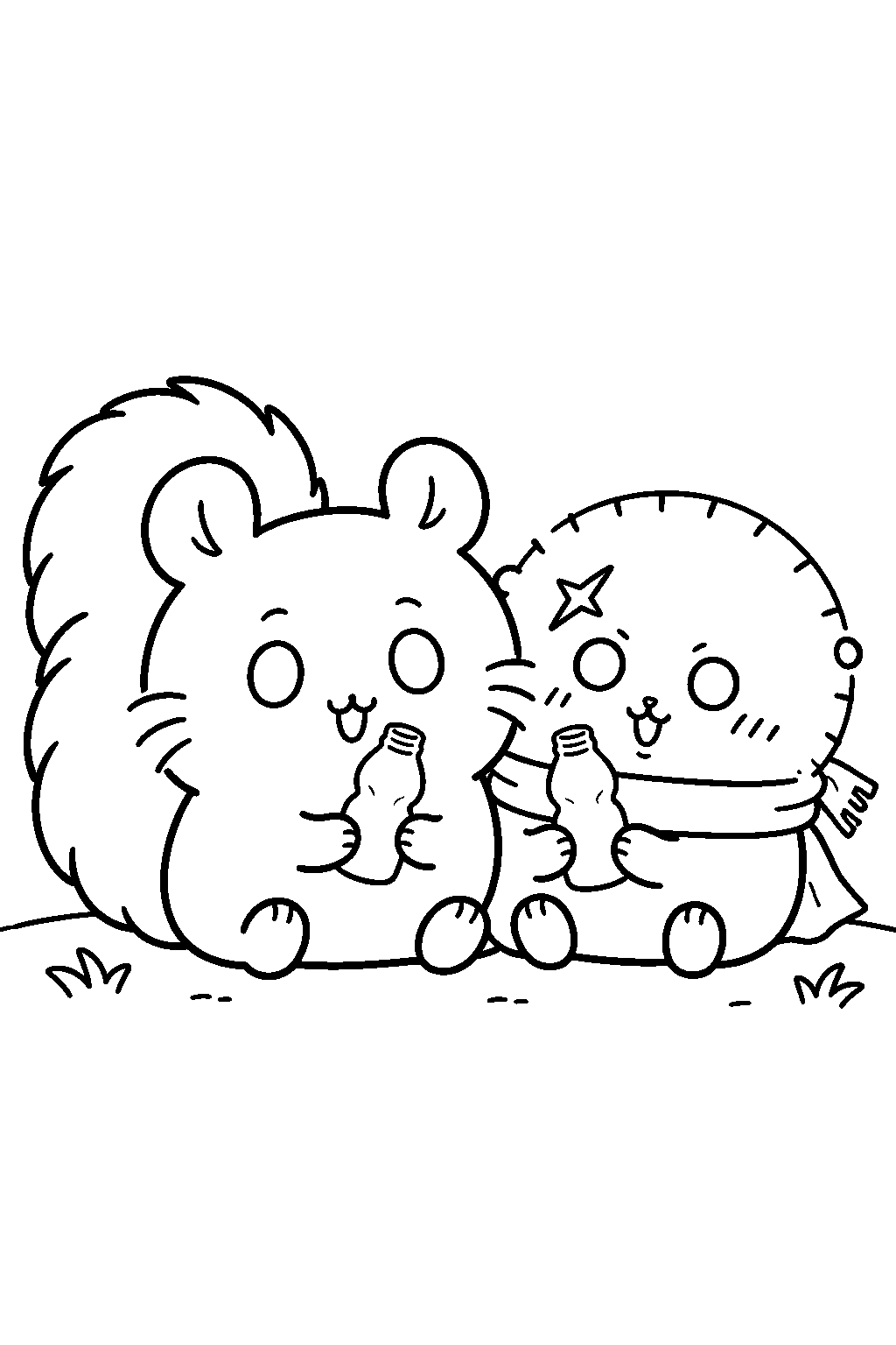 chiikawa momonga sharing a twin ice pop with rakko line art