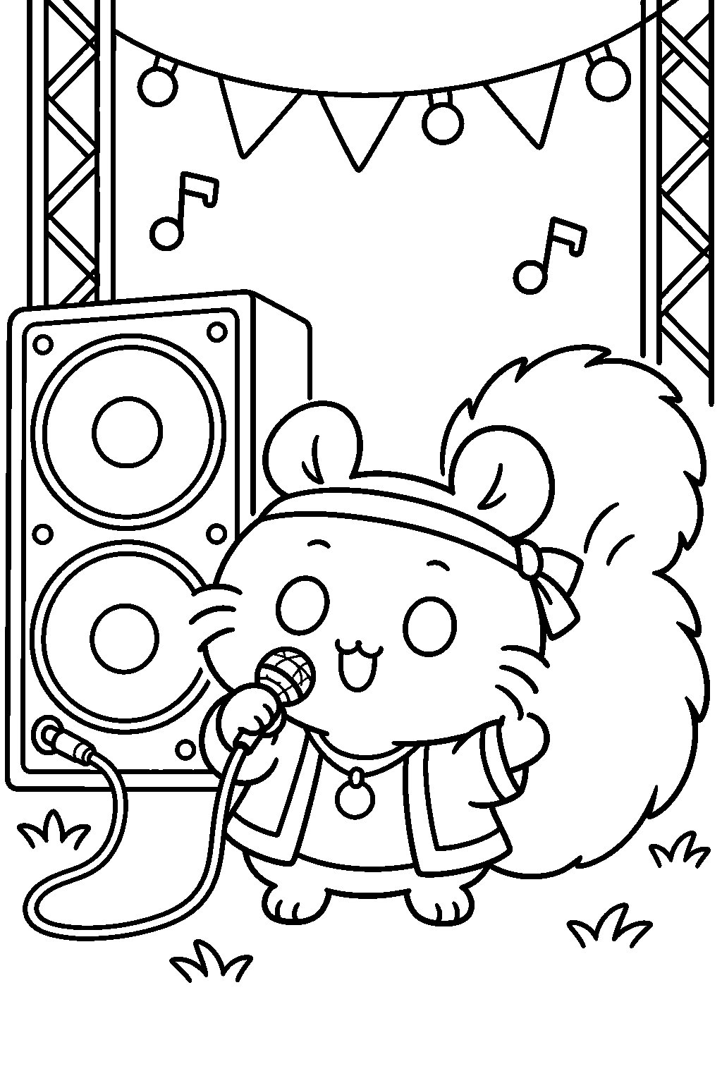 chiikawa momonga singing beside a large speaker at a music festival line art