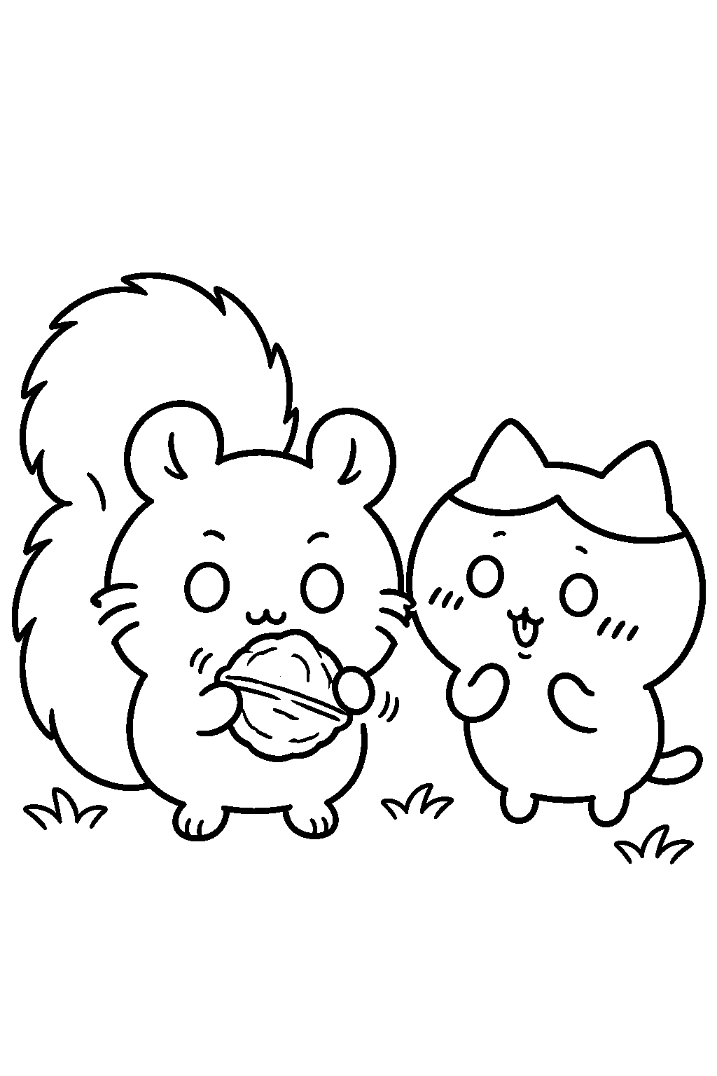 chiikawa momonga trying to open a hard nut beside hachiware line art