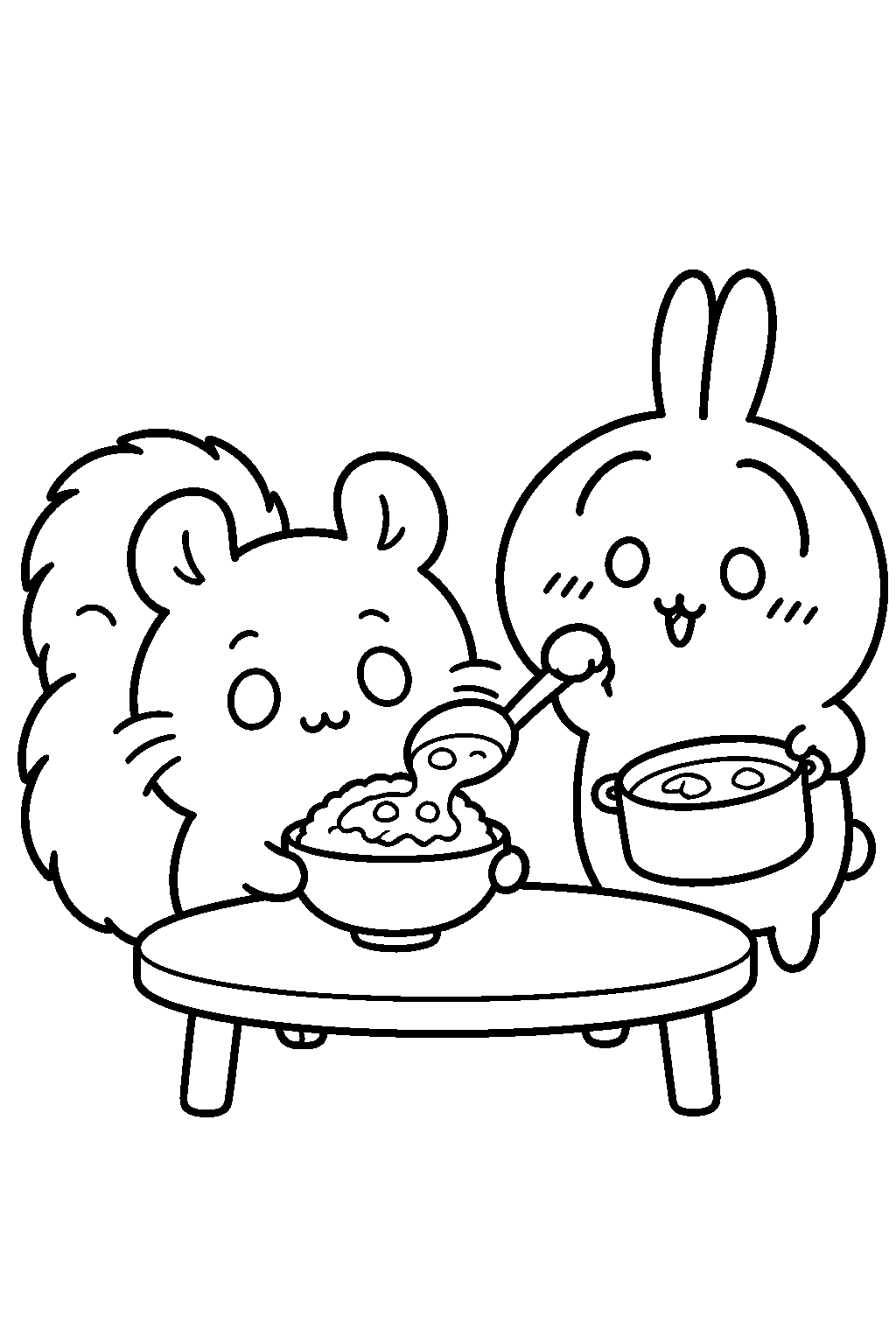 chiikawa momonga watching usagi pour curry over a bowl of rice line art