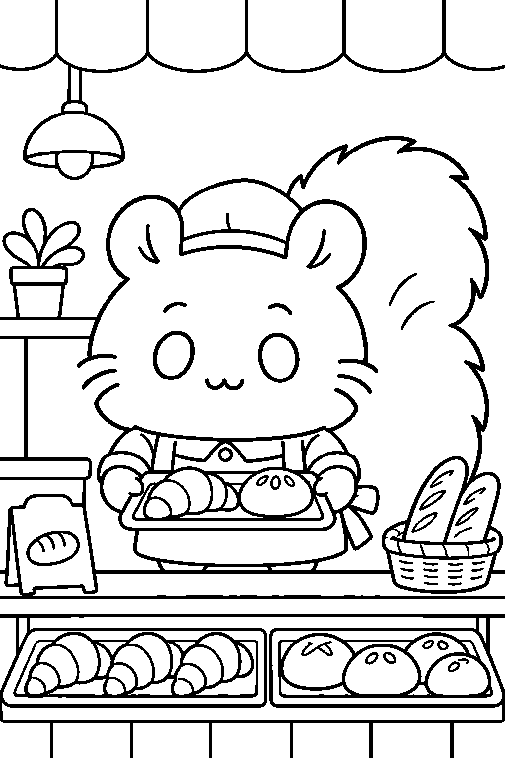 chiikawa momonga wearing a bakery uniform behind a bread counter line art
