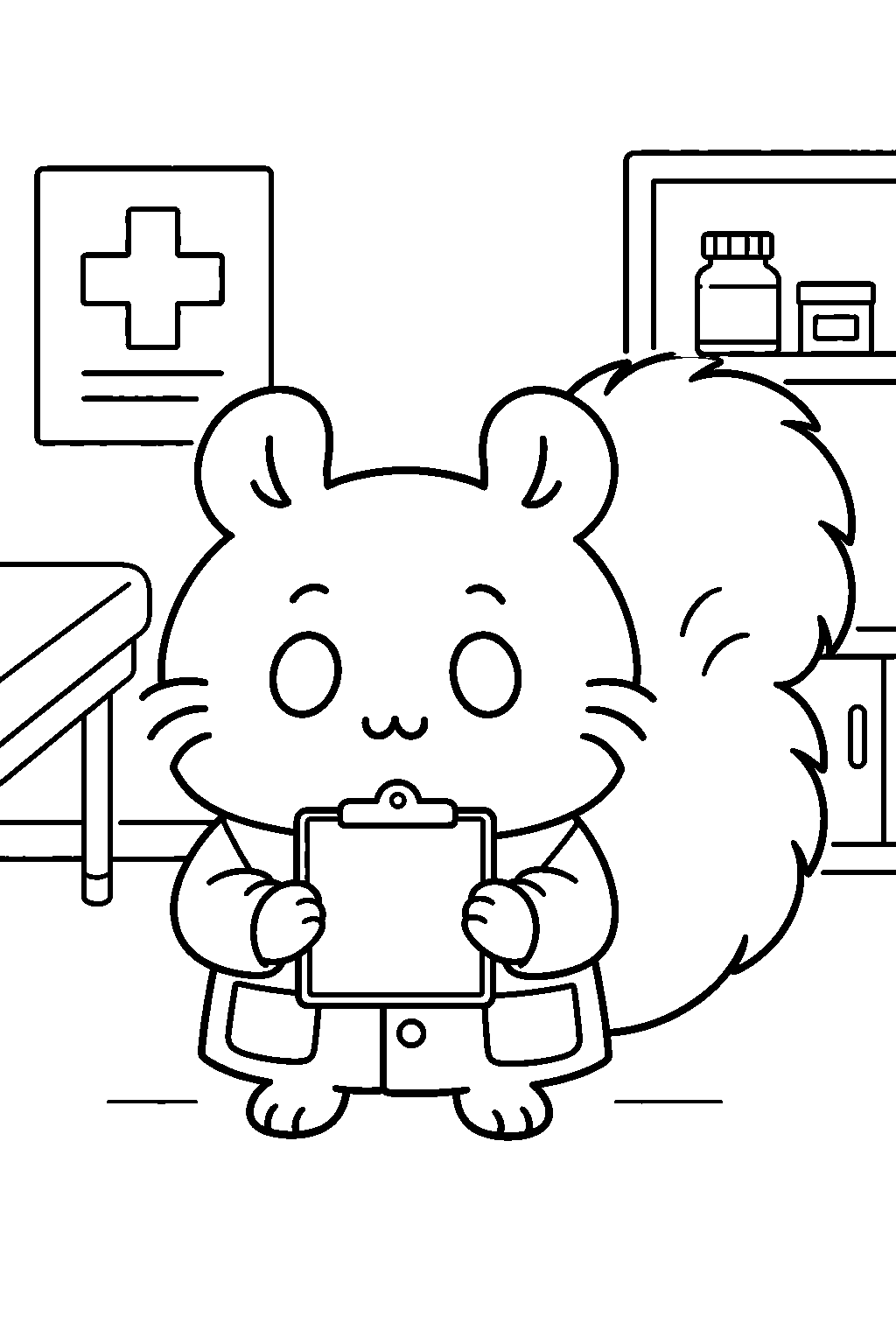 chiikawa momonga wearing a doctor s costume at a clinic line art