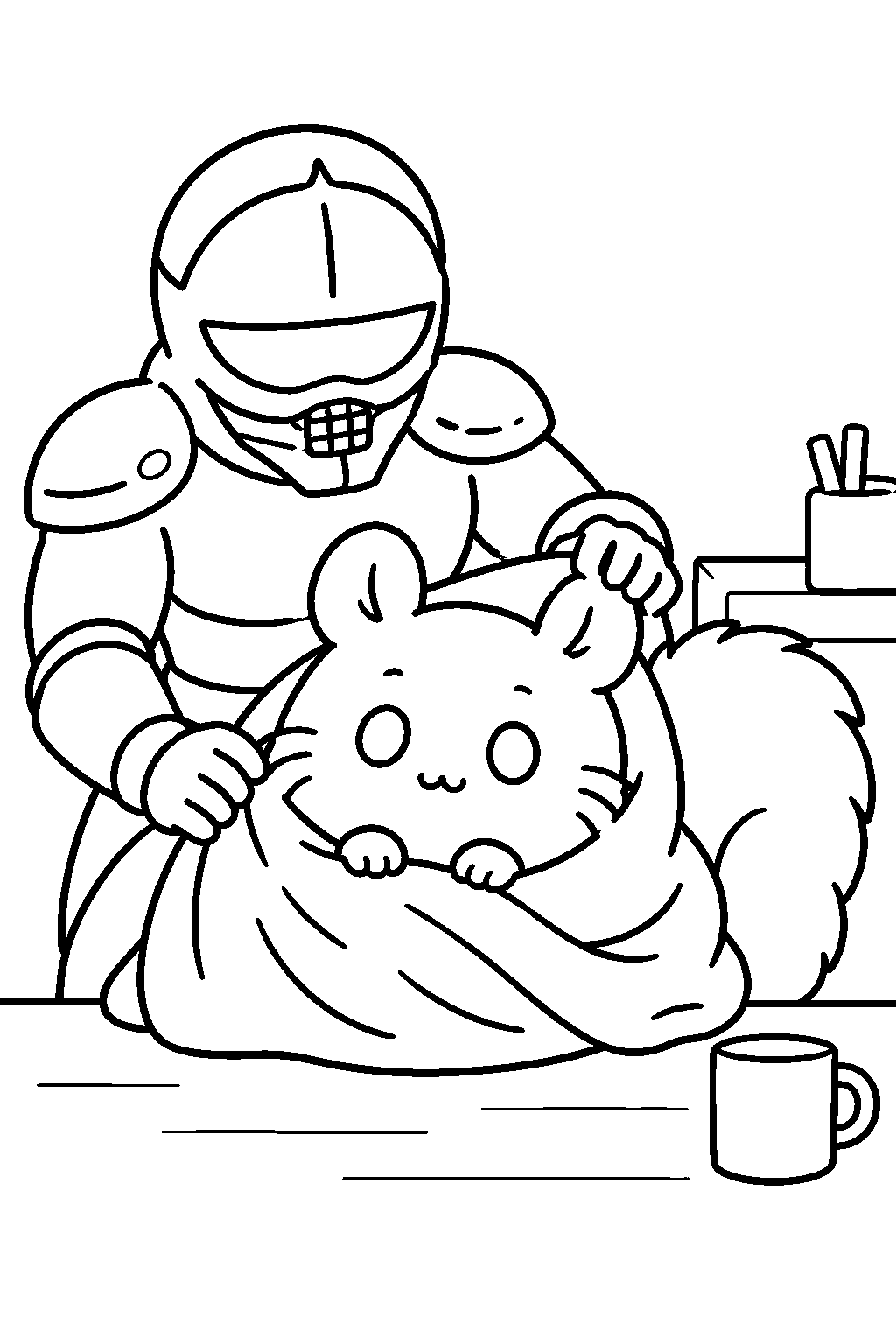 chiikawa momonga wrapped in a blanket at the work counter line art