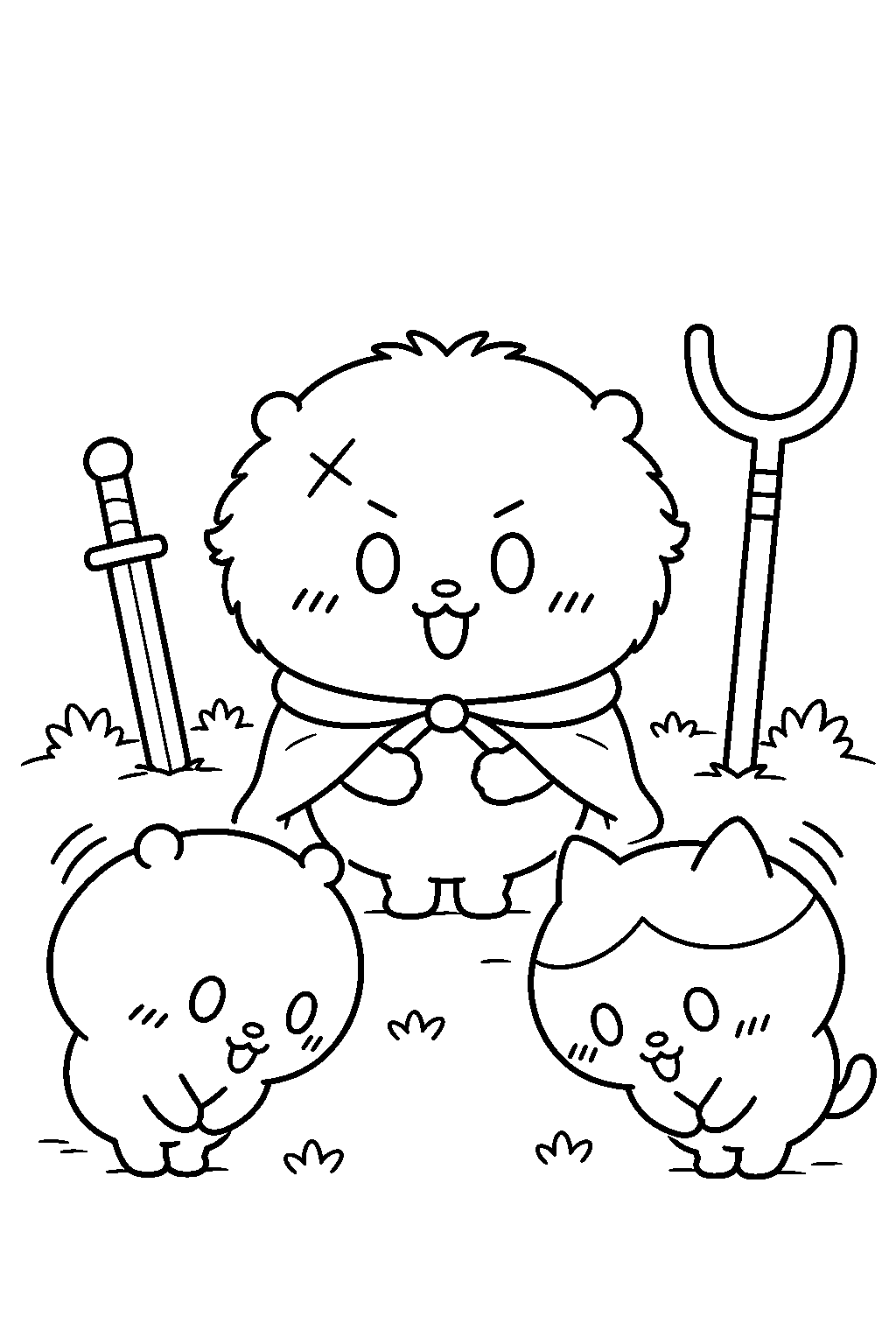 chiikawa rakko being thanked by chiikawa and hachiware after a lesson line art