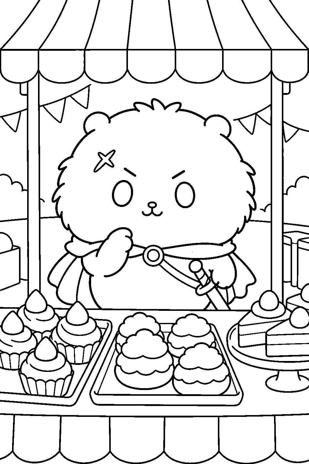 chiikawa rakko browsing dessert stalls at the muchauma sweets fair line art