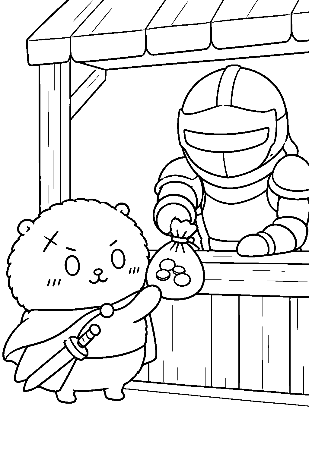 chiikawa rakko collecting hunting rewards at an armored worker counter line art