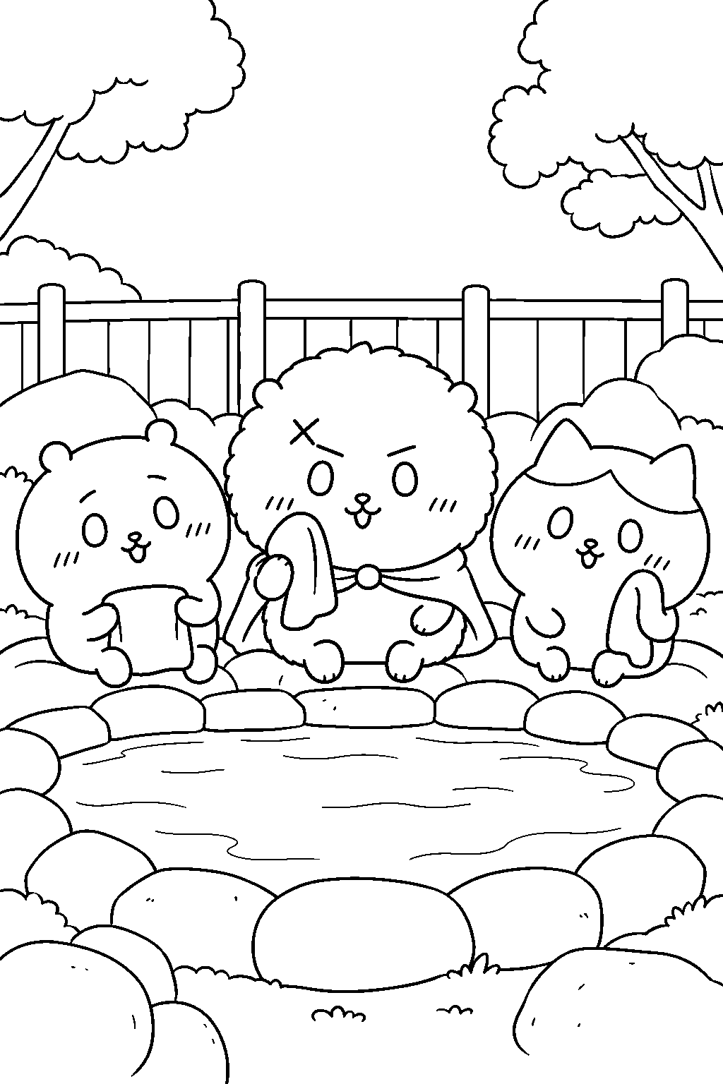 chiikawa rakko cooling off beside a bath pool with chiikawa and hachiware line art