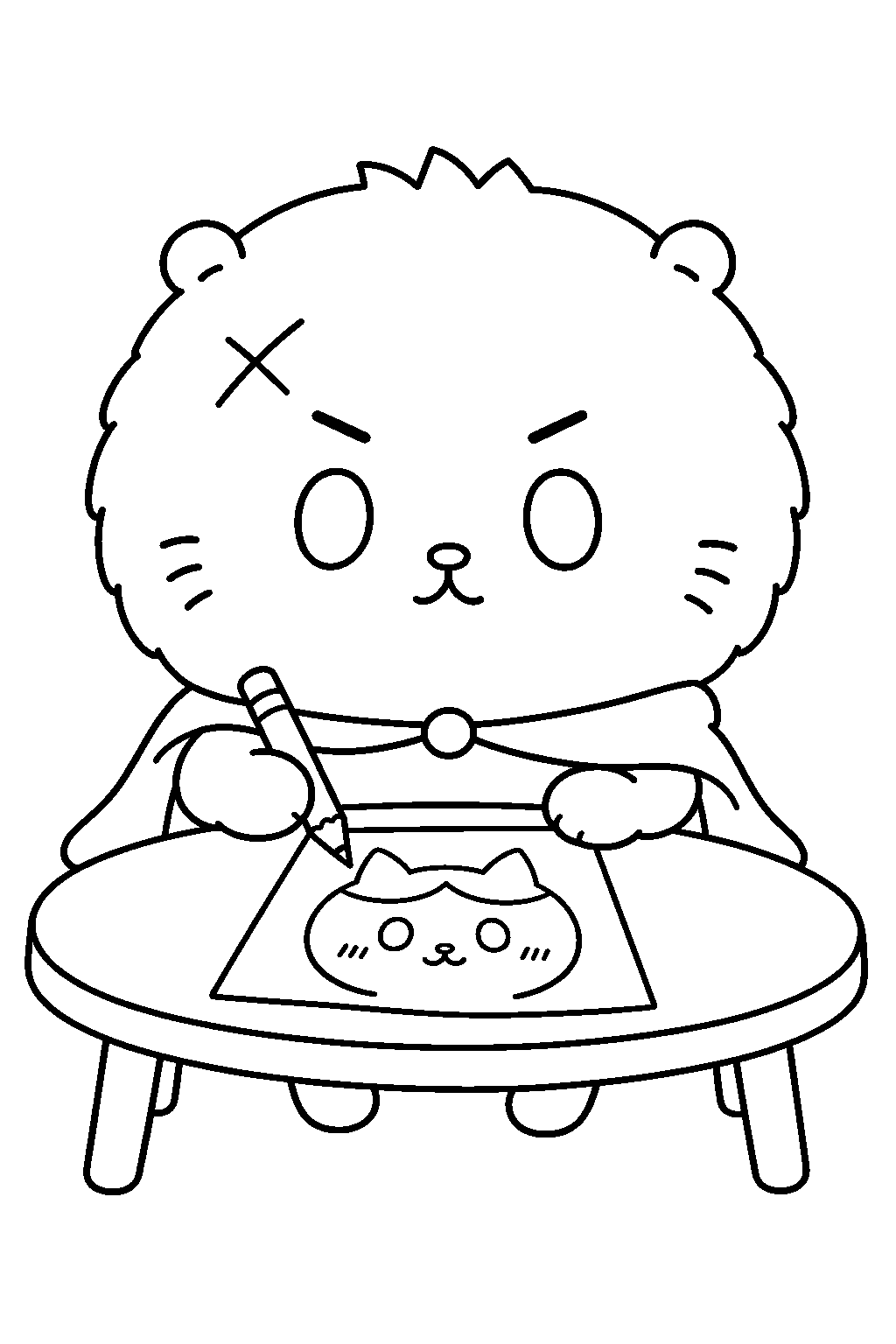 chiikawa rakko drawing a portrait of hachiware at a table line art