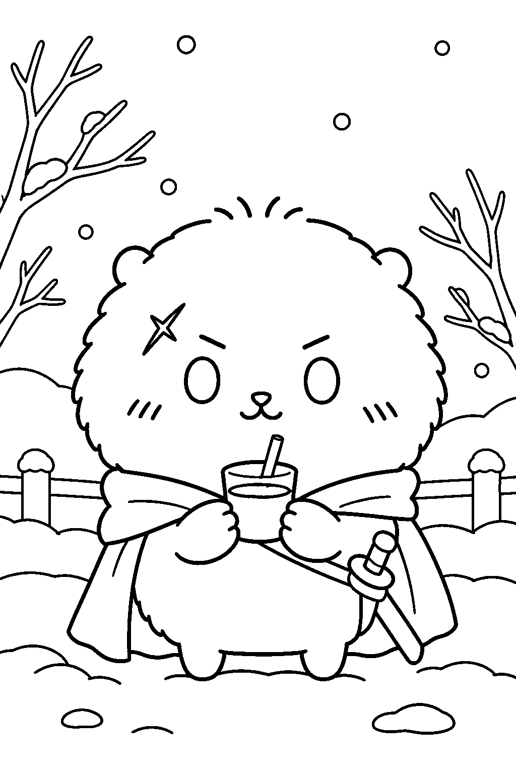 chiikawa rakko drinking cola from a tiny cup on a winter evening line art