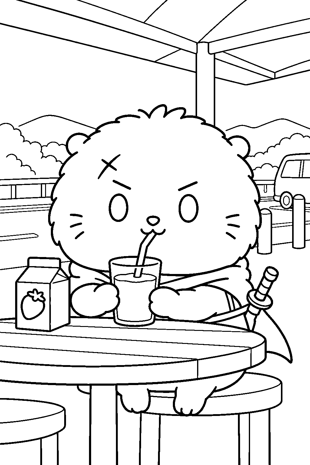 chiikawa rakko drinking strawberry milk at a roadside rest stop line art