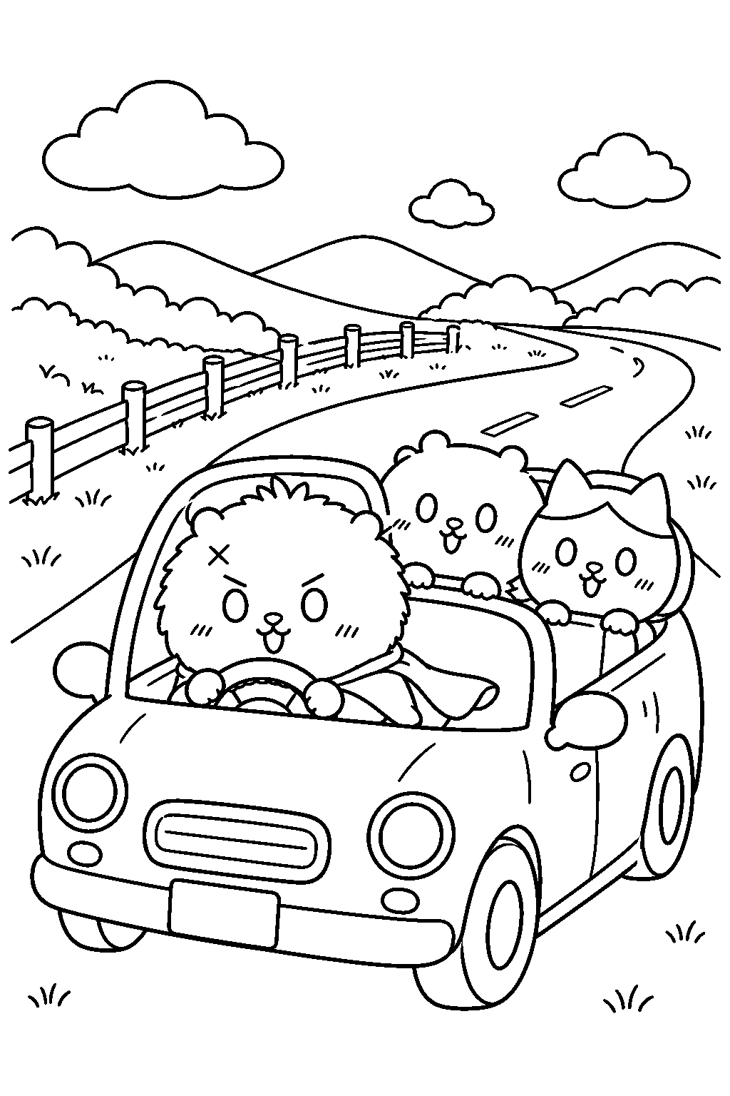 chiikawa rakko driving chiikawa and hachiware along a country road line art