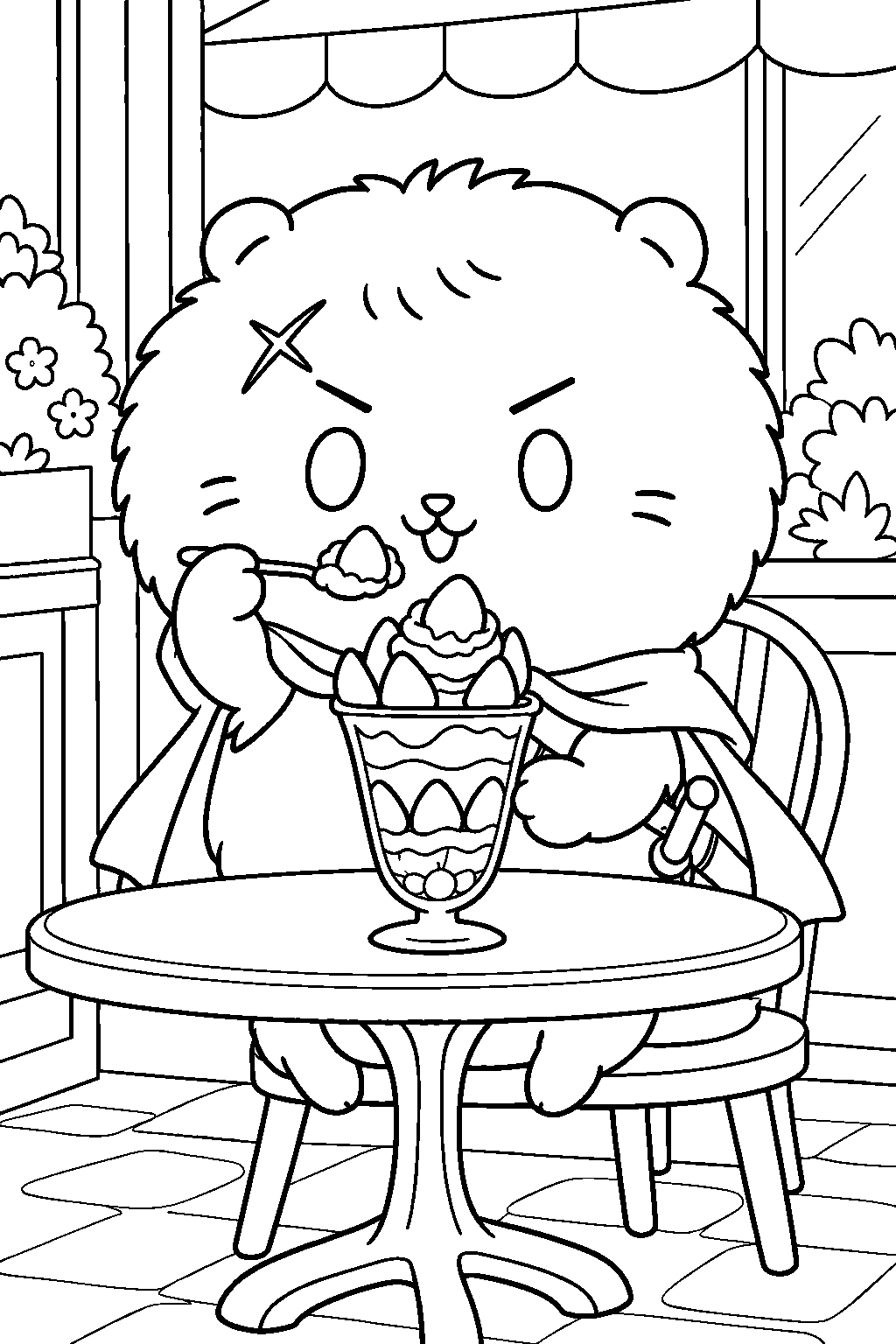 chiikawa rakko eating a strawberry parfait at a cafe line art