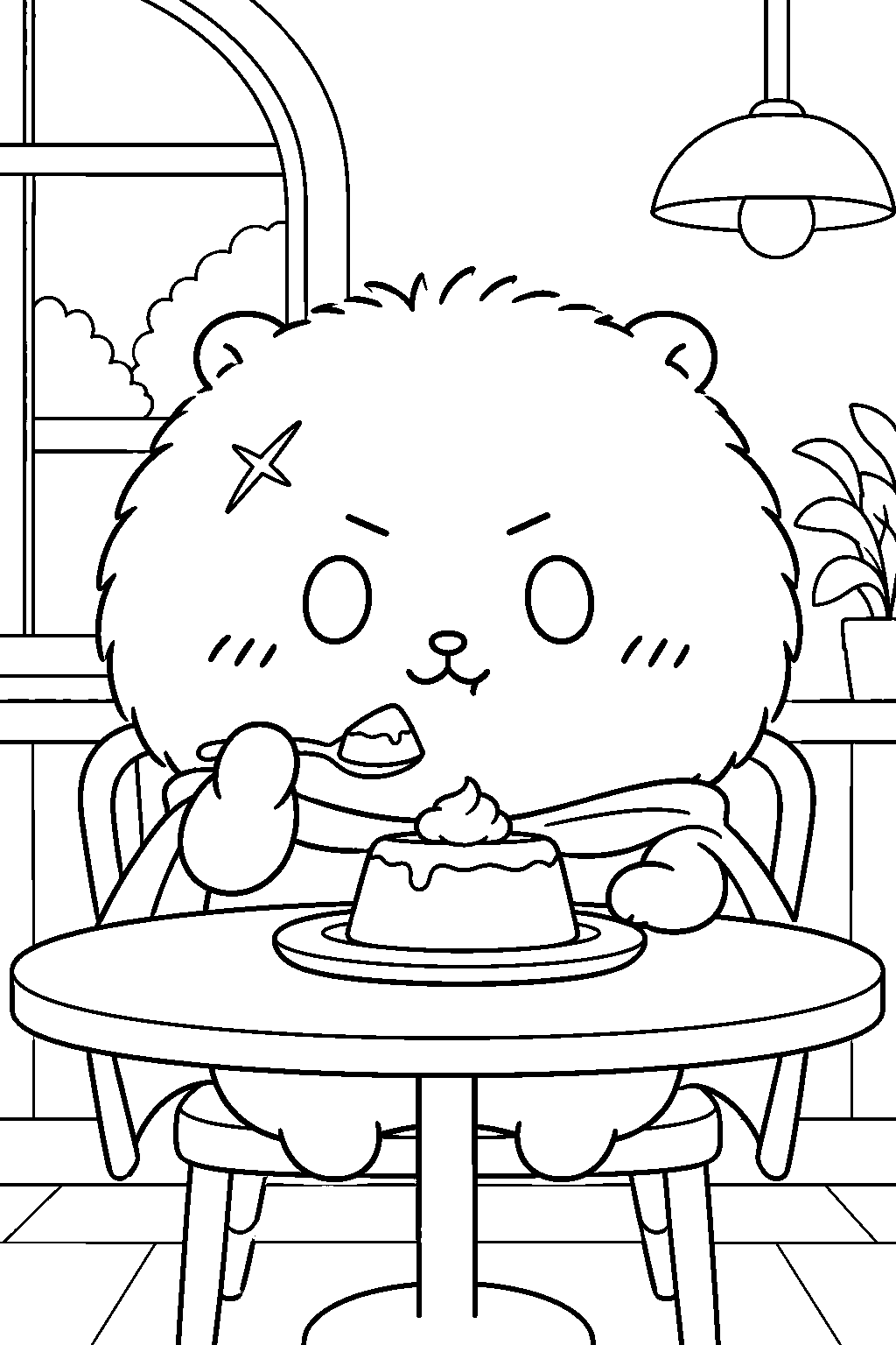 chiikawa rakko eating pudding with a spoon at a cafe line art
