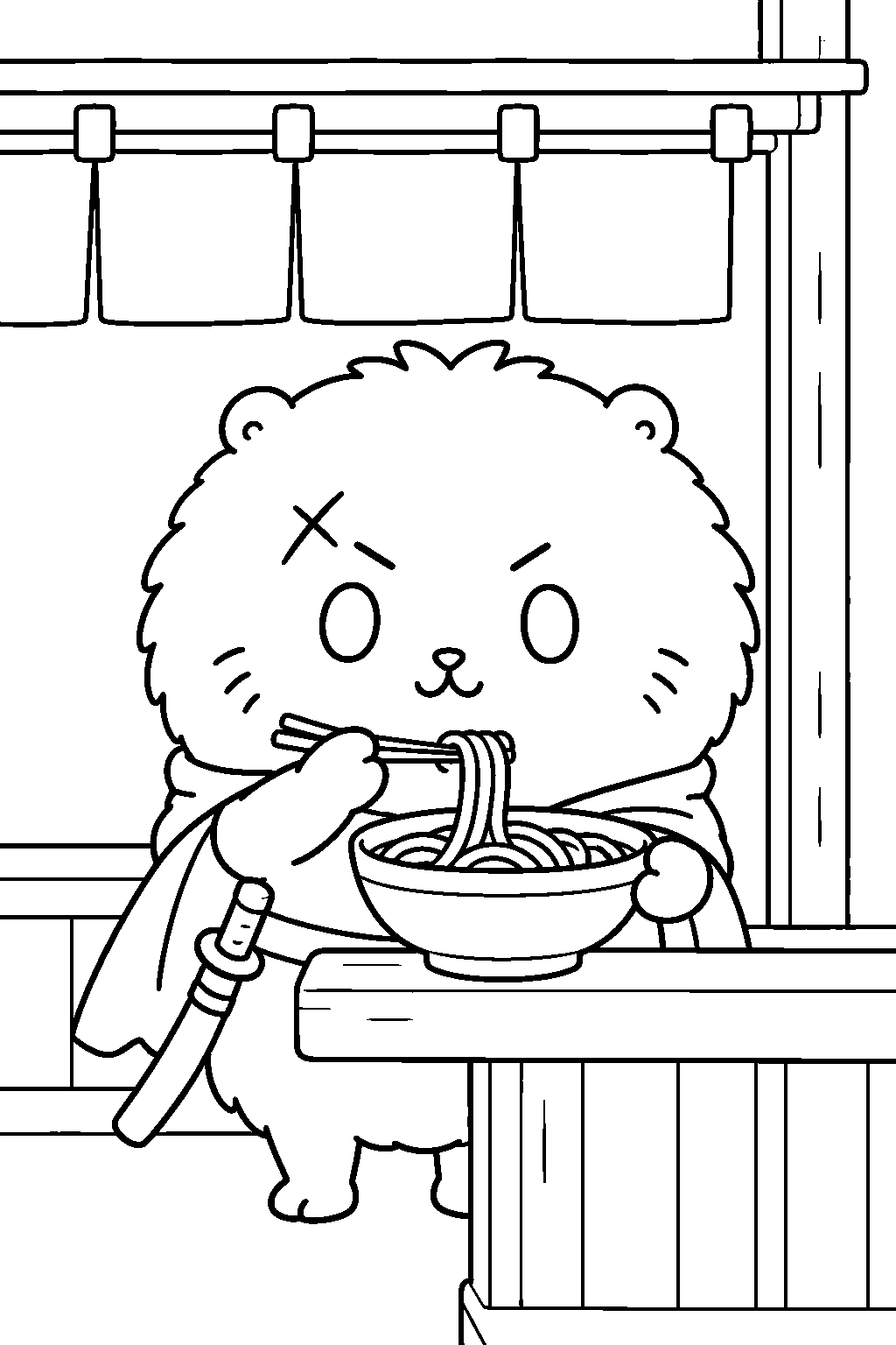 chiikawa rakko eating soba at a standing noodle counter line art