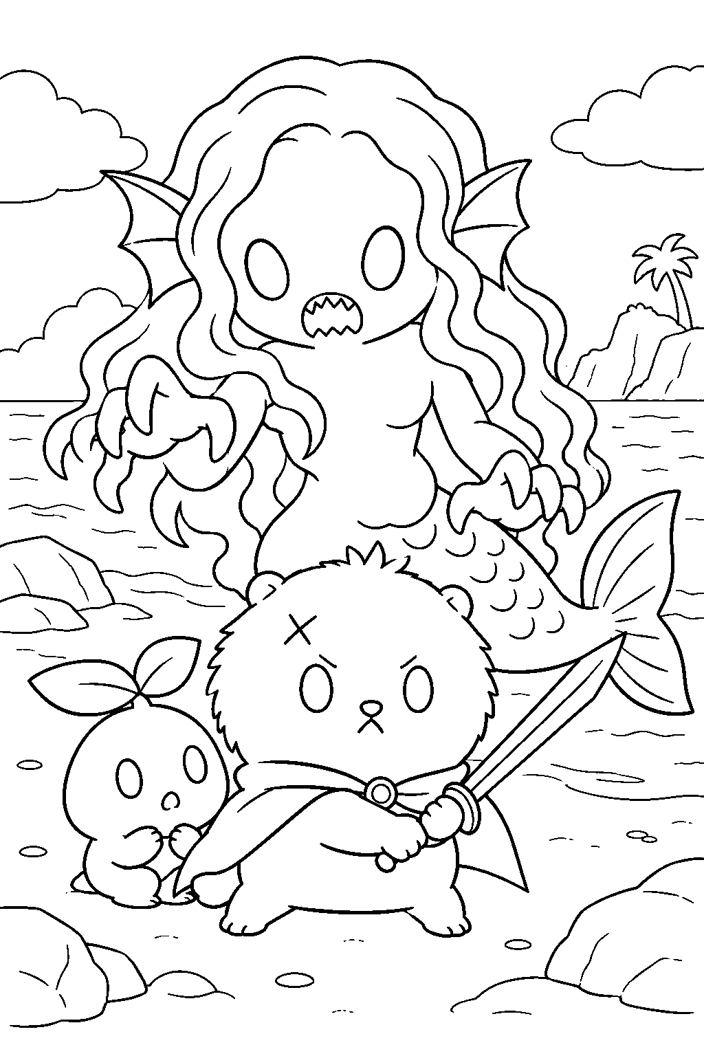 chiikawa rakko facing the siren while protecting an island resident line art