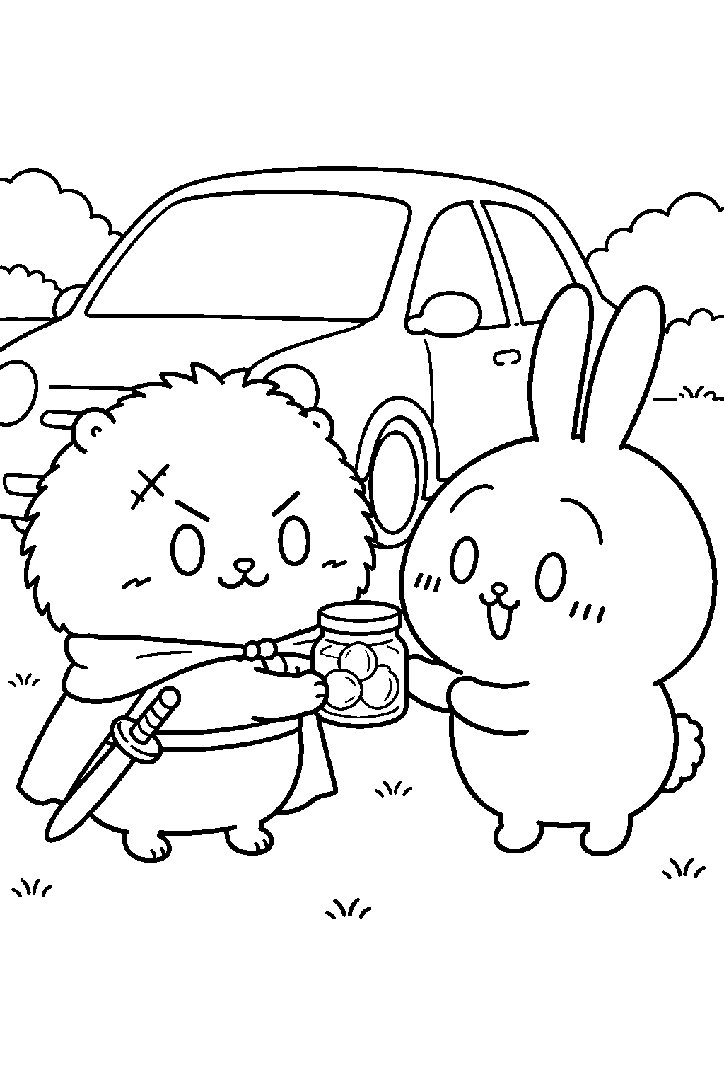 chiikawa rakko giving usagi a jar of pickled onions beside a car line art