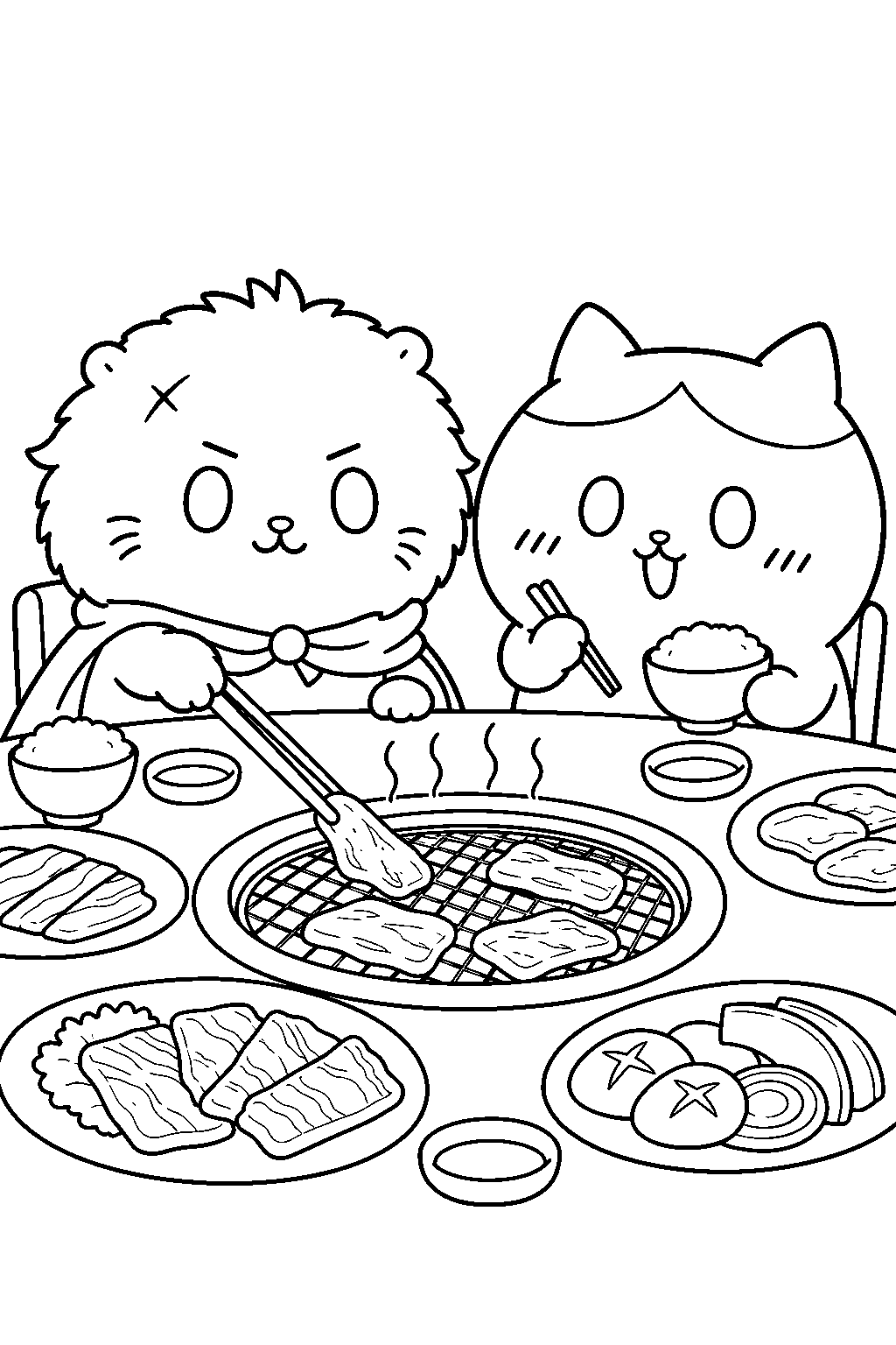 chiikawa rakko grilling meat with hachiware at a yakiniku table line art