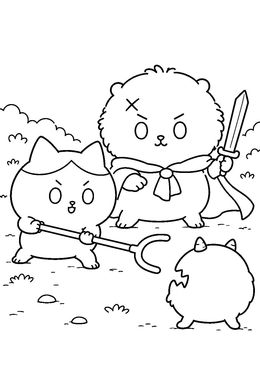 chiikawa rakko guiding hachiware against a small monster line art