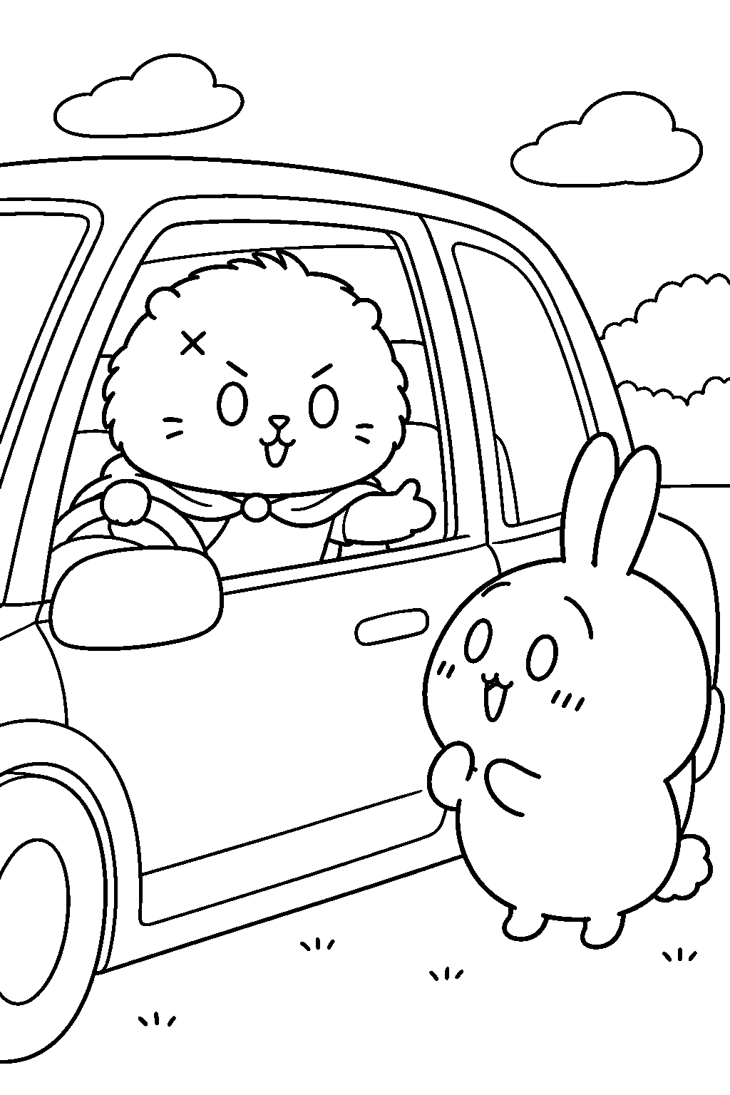 chiikawa rakko inviting usagi into a car through an open window line art